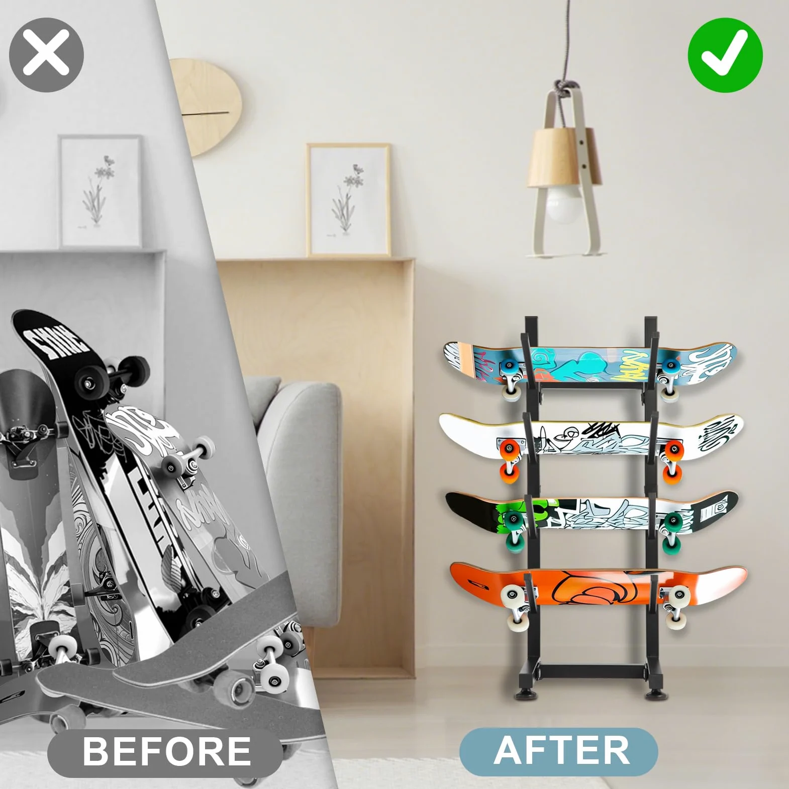 BiJun Support de sol pour skateboard, support de planche à roulettes à 4 couches, support de rangement pour planche à neige, support de plancher pour terrasse, longboard, snowboard, skateboard