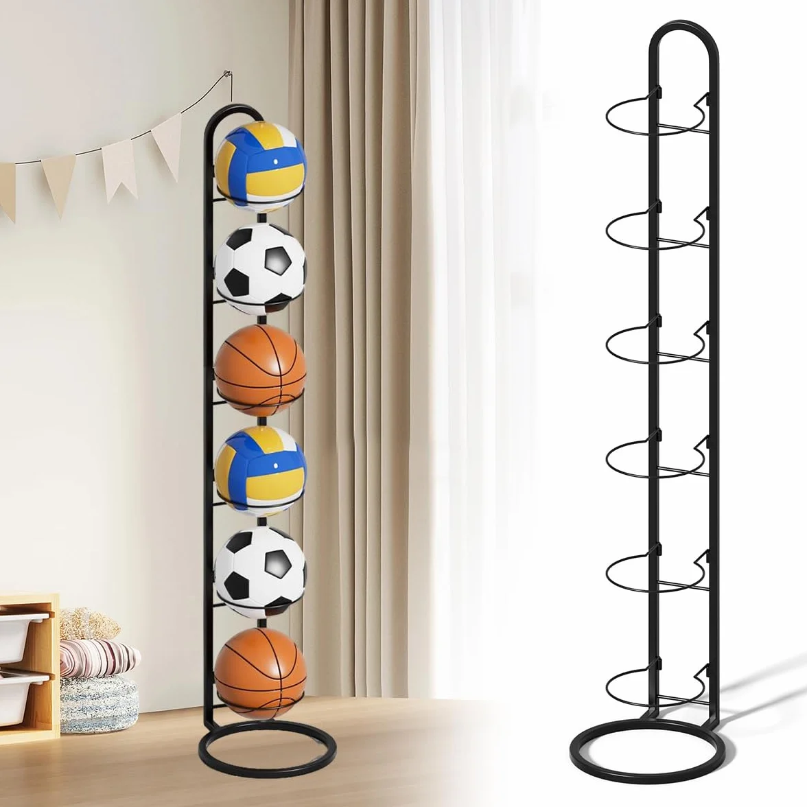 Support Ballon Basket en Métal 6 Niveaux, Rangement Vertical, Porte Ballon Amovible pour Football, Basketball, Volleyball, Rugby