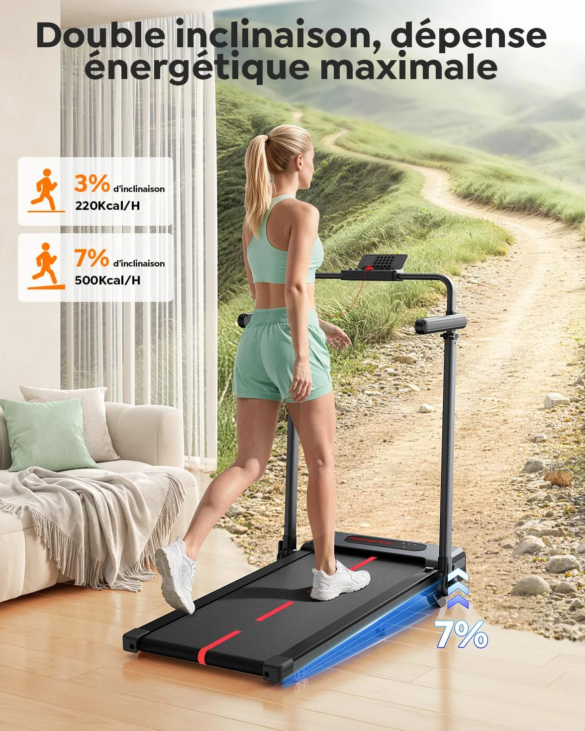 Tapis de Course Pliable Inclinable 7% avec Barres de Soutien, 1-12 km/h, Moteur Silencieux, 120kg