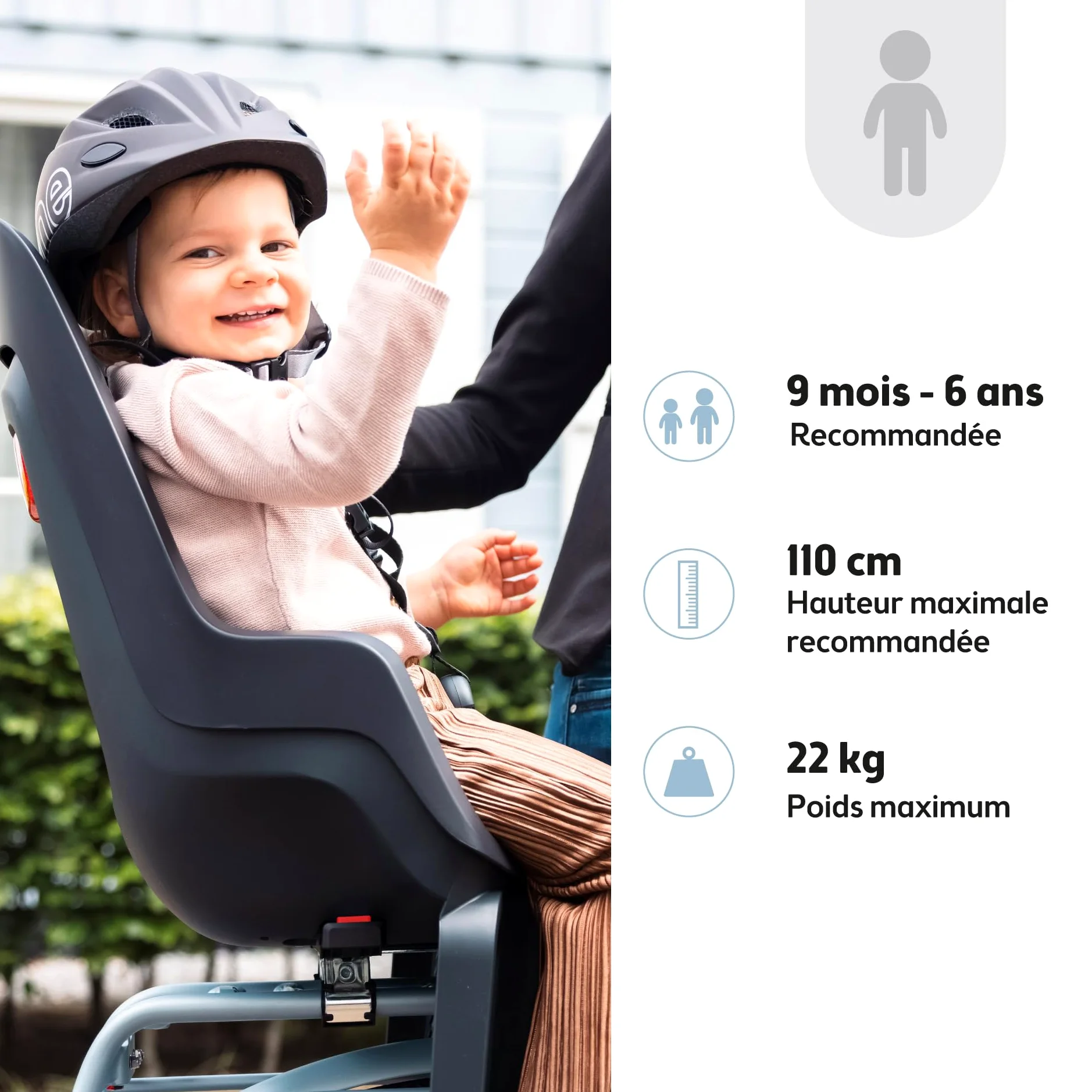 BOBIKE 8012100018 - Siège arrière One Maxi avec système E-BD pour vélo avec Roues de 26” à 29” adapté aux Enfants pesant jusqu'à 22 kg avec Fixation sur Le Porte-Bagages en Couleur Noir Urbain