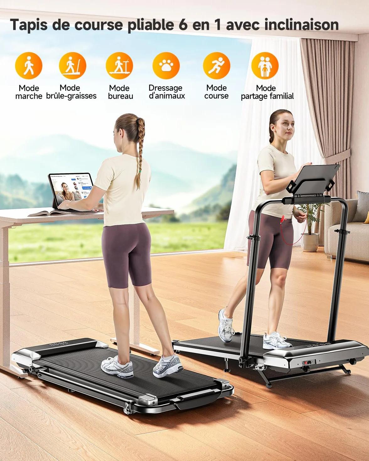 Tapis de Course 6 en 1, Pente 1%-12%, Vitesse 12km/h, 2.5 HP, Colonne Télescopique 115cm