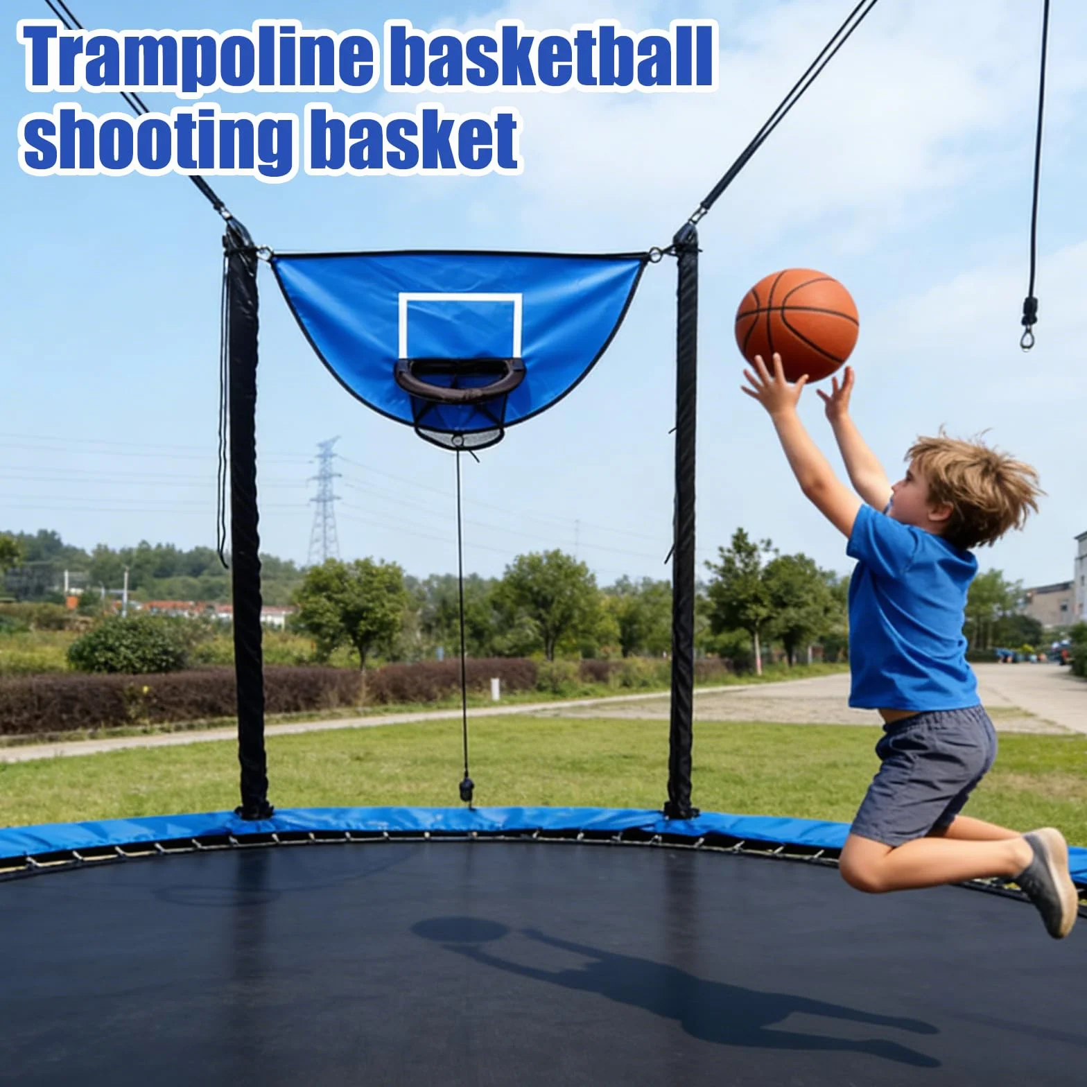 Panier de basket pour trampoline avec 4 mini ballons et pompe, support universel avec protection solaire - Bleu