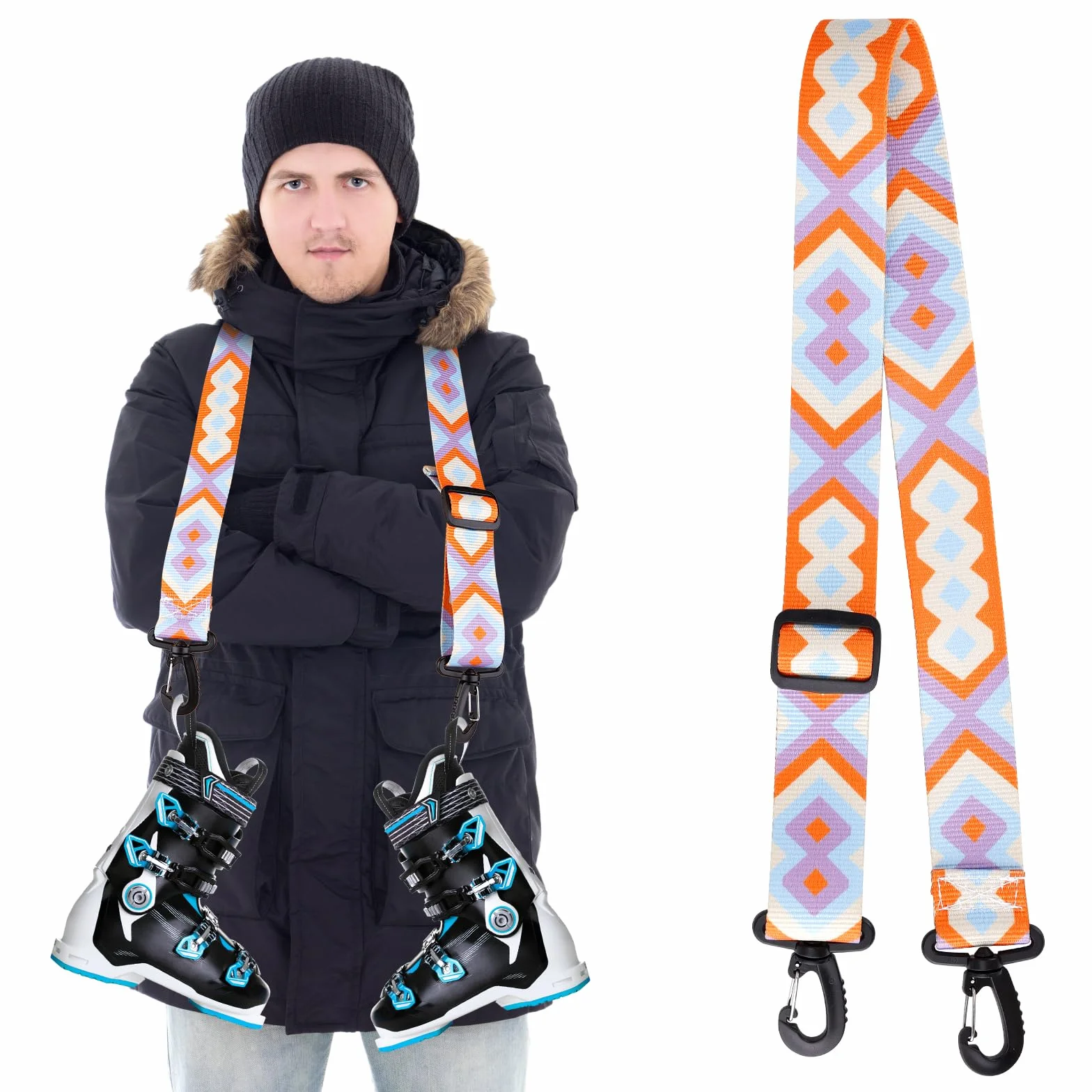 Sangle Baton de Ski, Réglables Sangle Skate avec Boucle Pivotante à 360° Sangle d'Épaule de Ski Laisse de Patins à roulettes Accessoires de Ski pour Ski, Snowboard