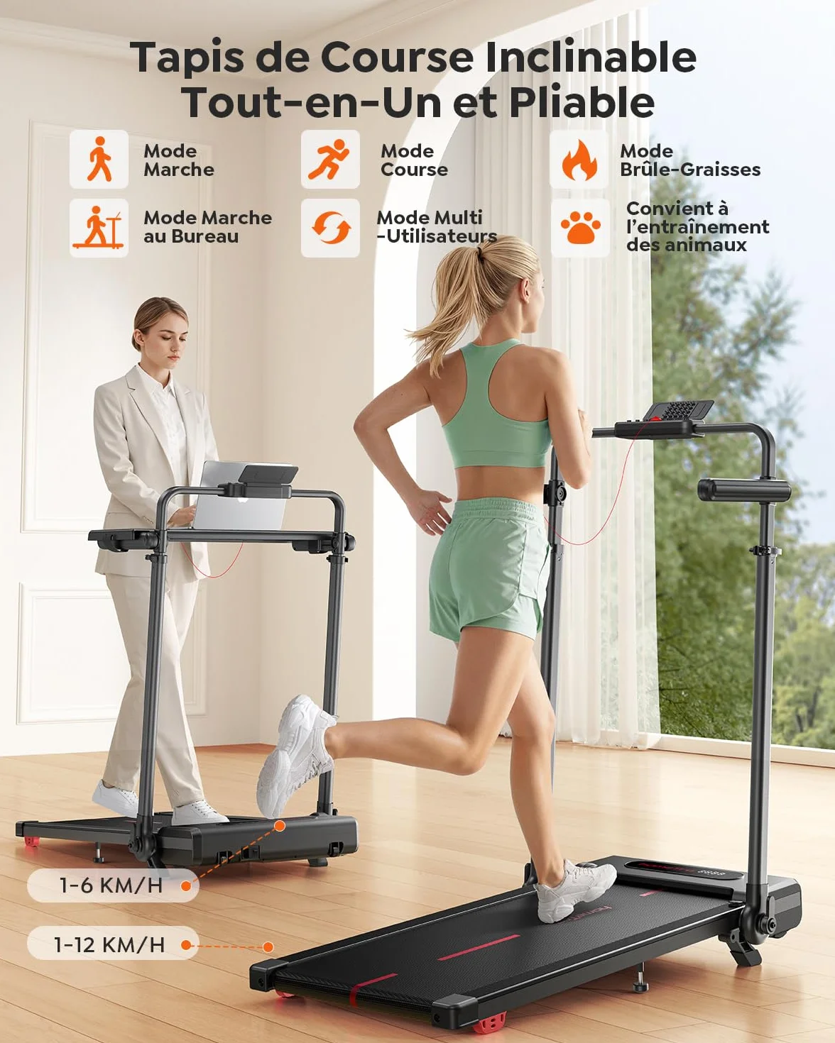 Tapis de Course Pliable Inclinable 7% avec Barres de Soutien, 1-12 km/h, Moteur Silencieux, 120kg