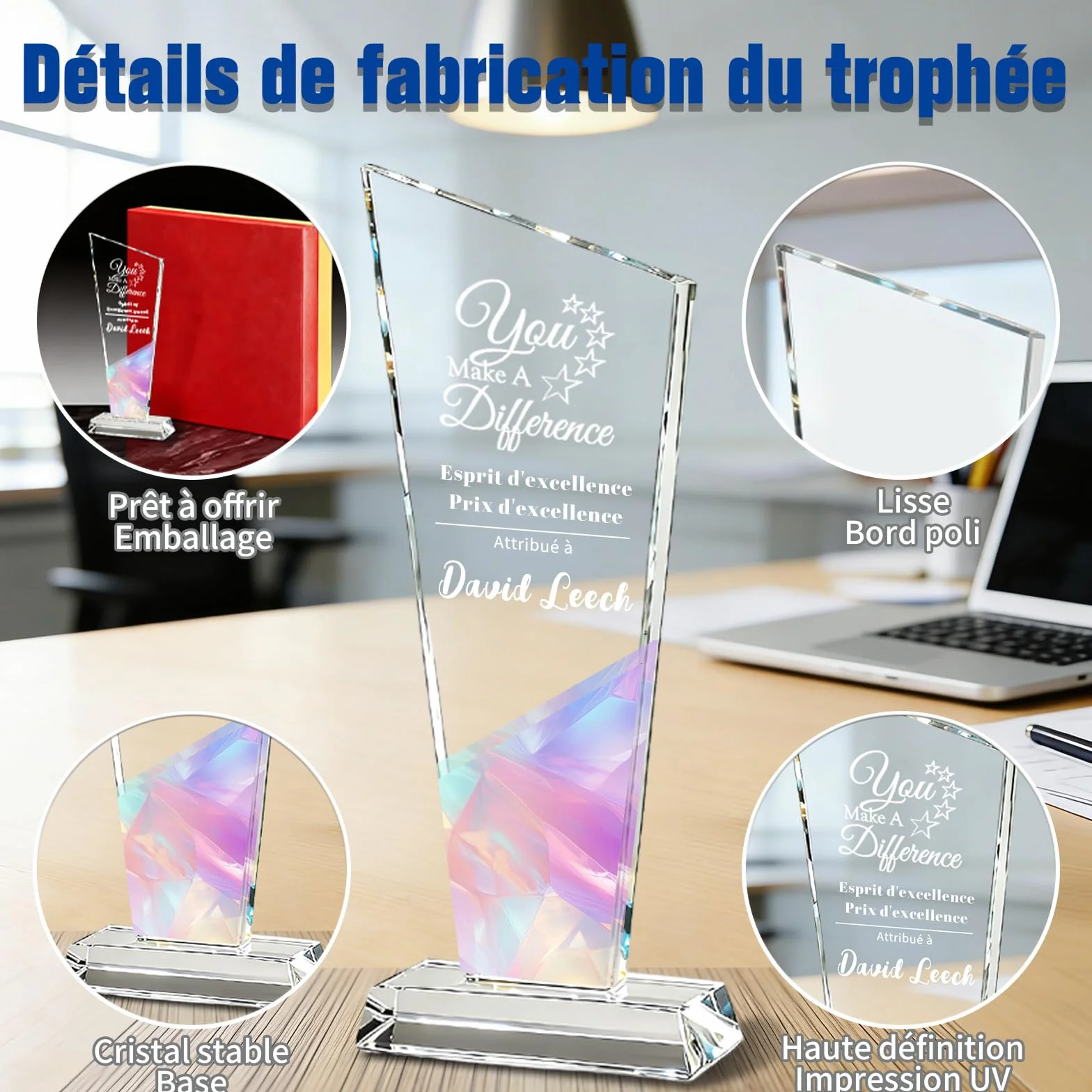 WBW Trophée Personnalisé en Cristal K9 avec Logo Photo et Texte Plaque Gravée Personnalisée 10–20 cm, Récompense en Cristal pour Employé du Mois Anniversaire Retraite Football