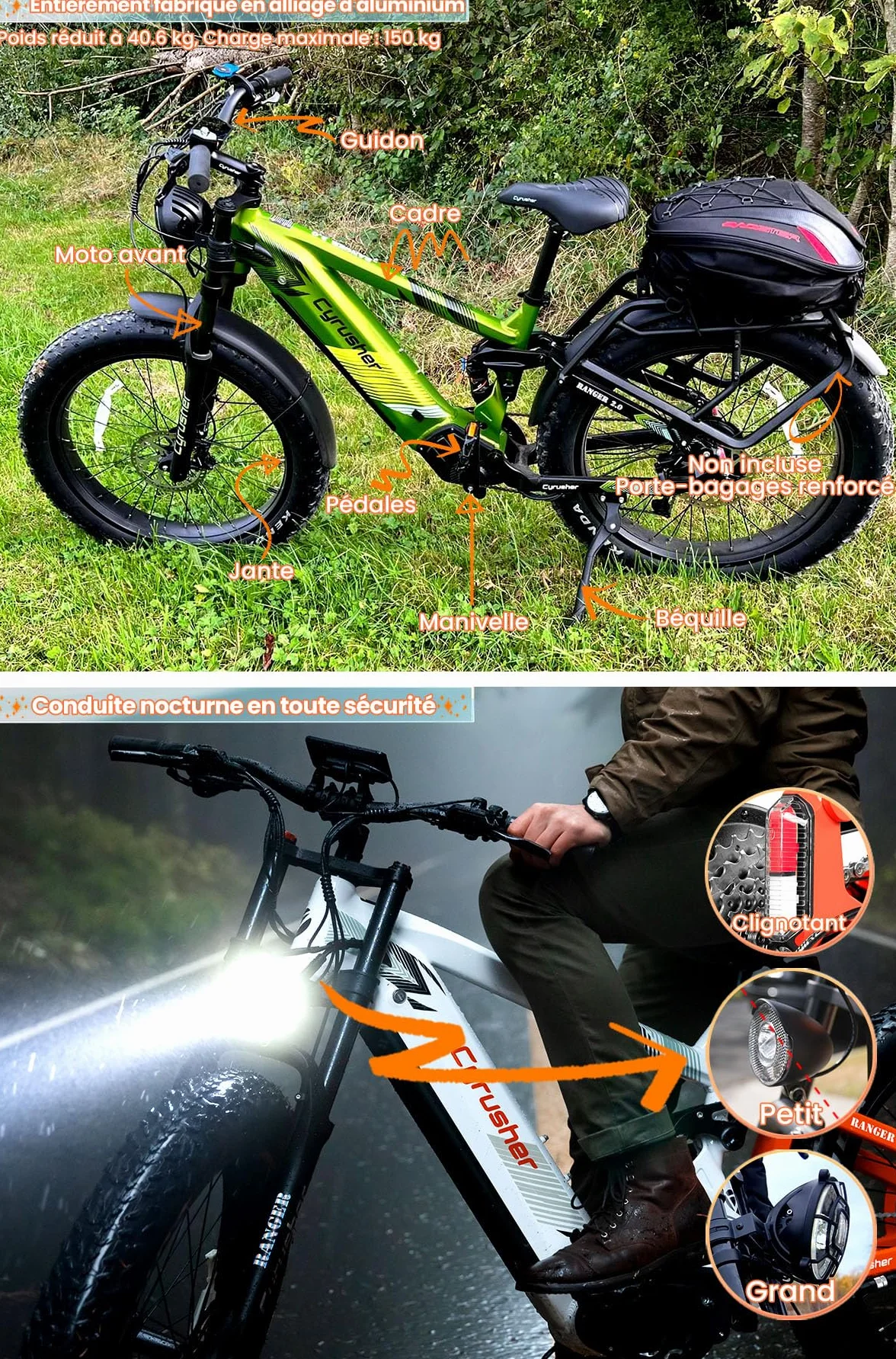 Vélo Électrique Ranger 26 Pouces 250W 52V 20Ah 1040Wh Amortisseur à Air Freins à Disque Hydrauliques