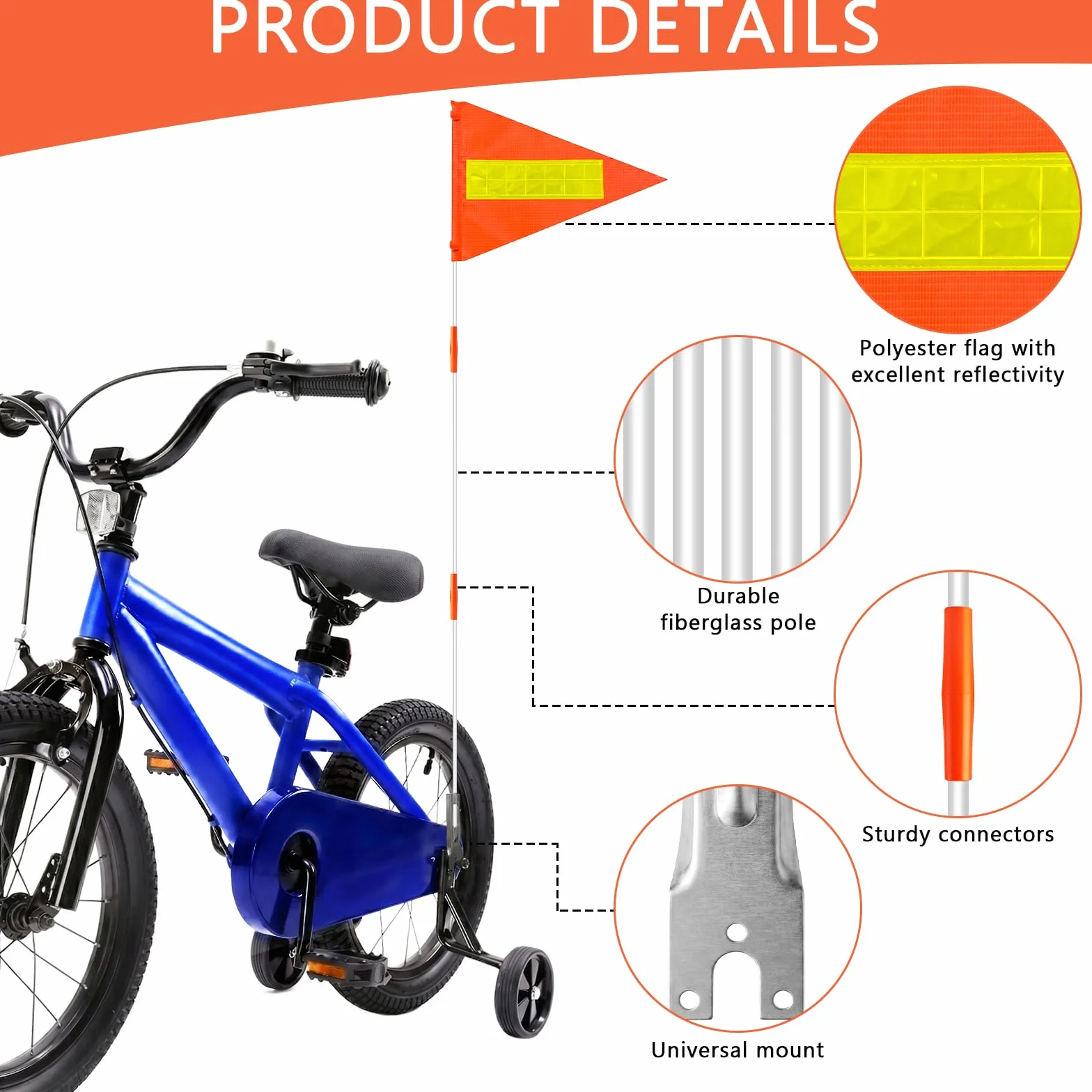 Fanion de Sécurité pour Vélo 150cm, Drapeau Velo Réfléchissant Impréable, Tige Réglable