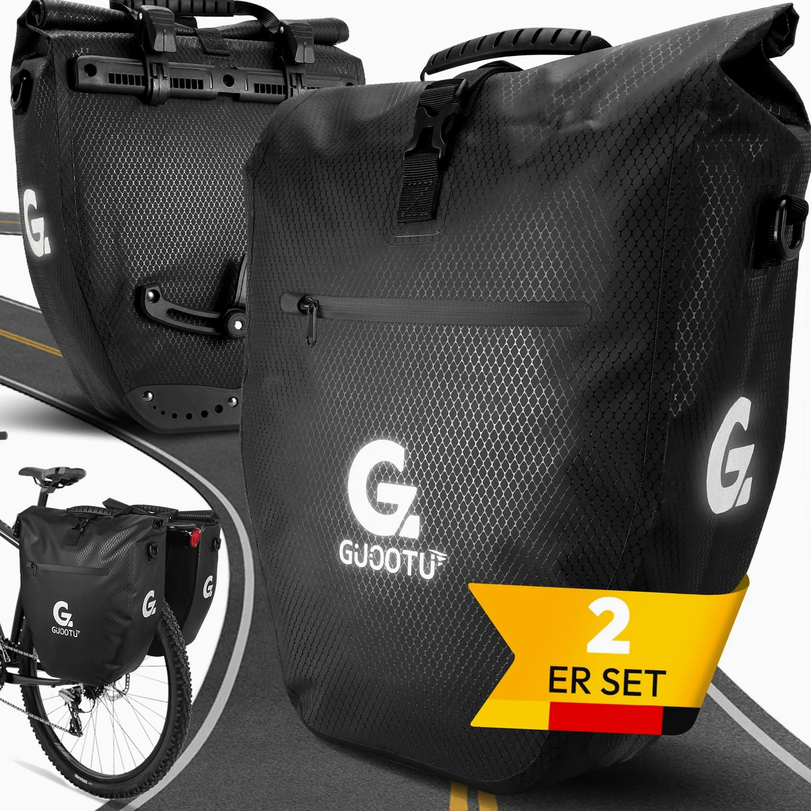 GUOOTU Lot de 2 sacoches de vélo pour porte-bagages de 56 l, avec poignée de transport et bandoulière - Sacoche de vélo avec réflecteurs (noir 28 l)