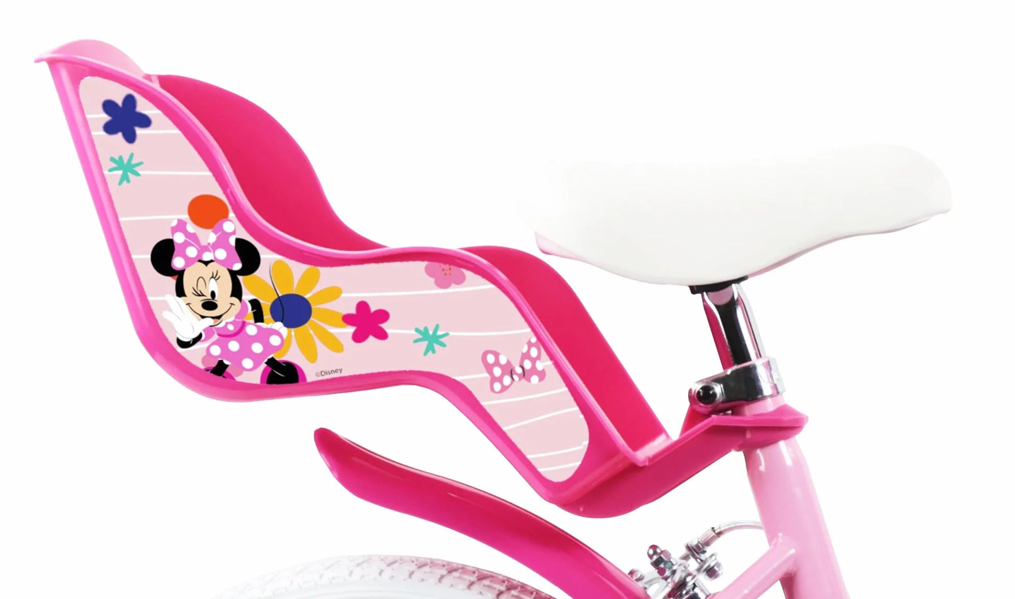 Vélo 14'' Fille Minnie Disney - 2 Freins Caliper - Pneus Gonflables - Panier Avant - Porte-poupée - Garde-Boue - Stabilisateurs, Rose