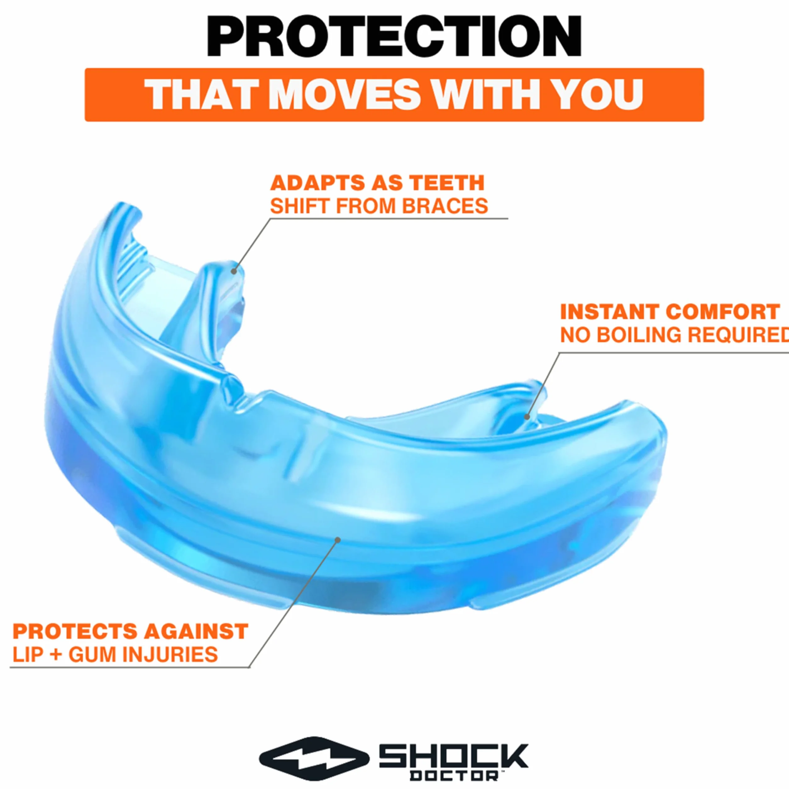 ShockDoctor Single Braces Mouthguard for Men Women Blue Sports Rugby MMA Boxing Lacrosse Basketball Contact