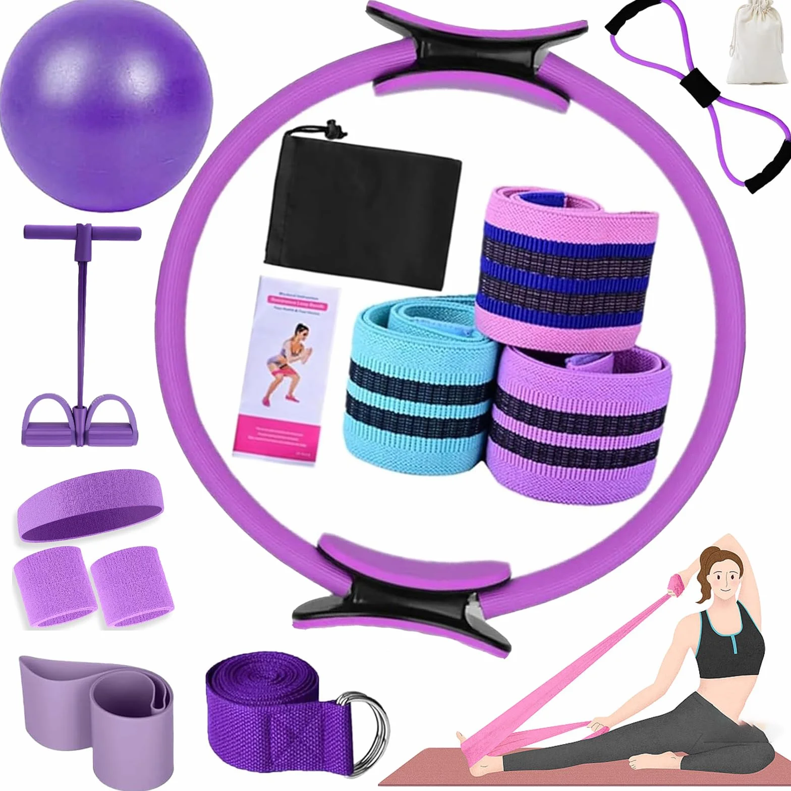 Kit Pilates 15 Pièces Bandes de Résistance Anneau de Roue