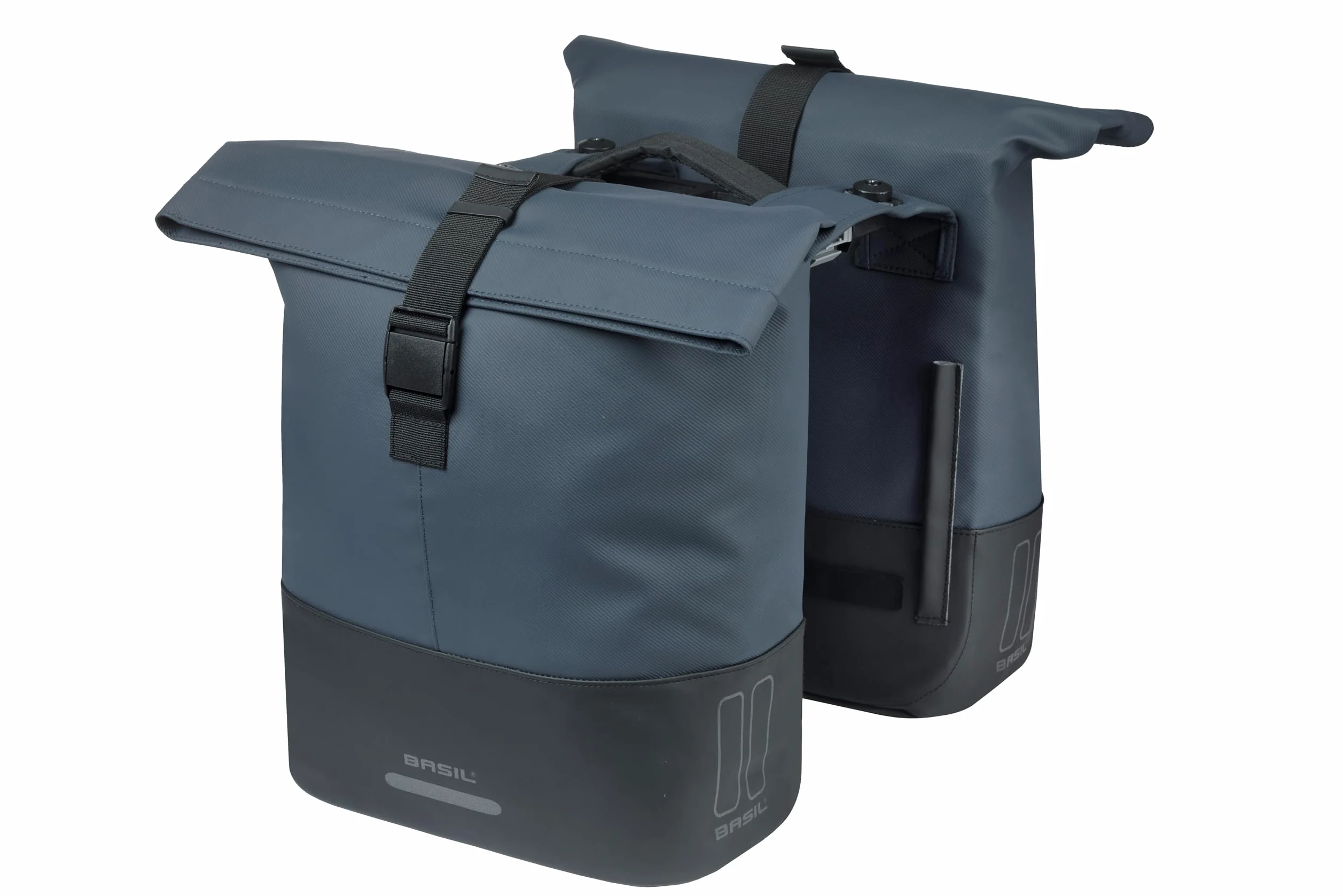 Basil Cove Sacoche pour porte-bagages double avec plaque adaptateur MIK 28-32 L imperméable, réfléchissant et recyclable, 29 x 14,5 x 36 cm, bleu/noir