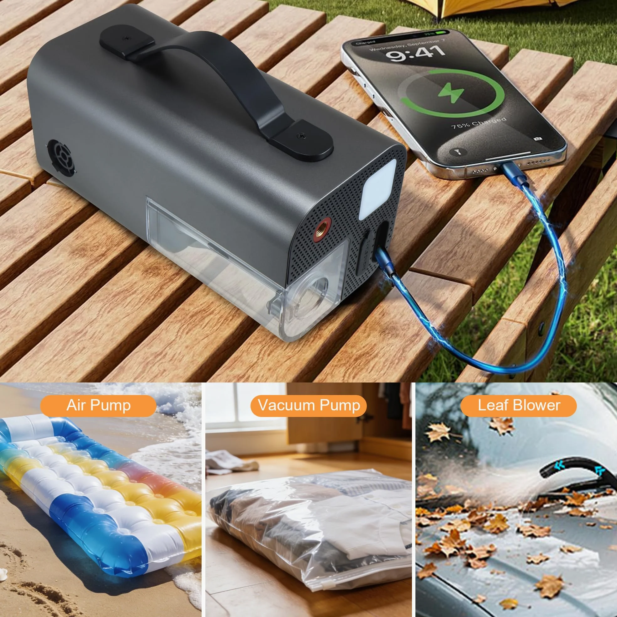 Gonfleur de pneu portable et démarreur de voiture, pompe à air de 150 PSI avec jauge numérique, lumière LED, arrêt automatique, aspiration et soufflage d'air, pour balles de voiture, moto, vélo
