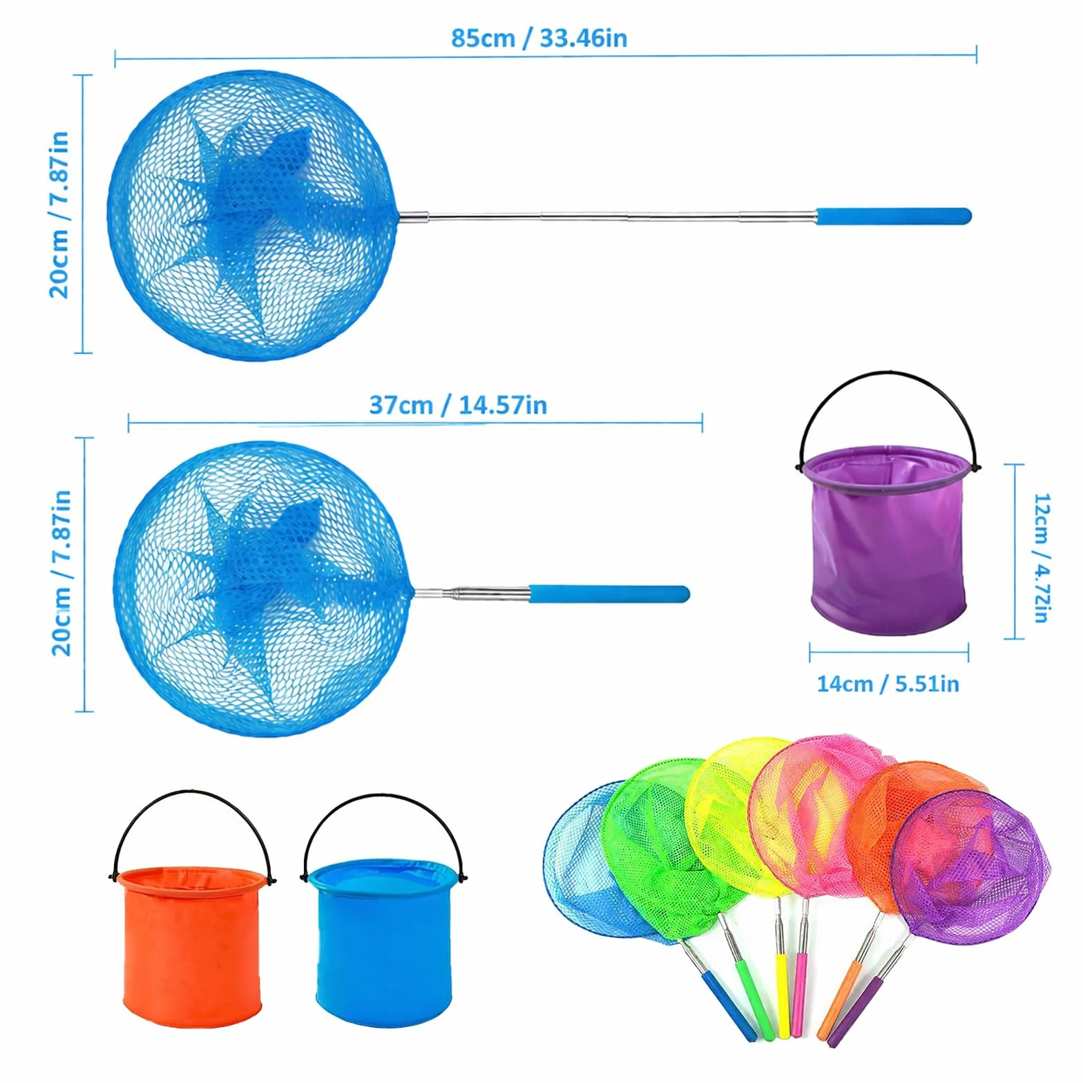 Lot de 6 Filet à Papillon Télescopiques Filets de Pêche Extensible de 37 à 85 cm Épuisettes Télescopiques avec 3 Seaux Pliables Filet de Papillo pour attraper de petits insectes et poissons