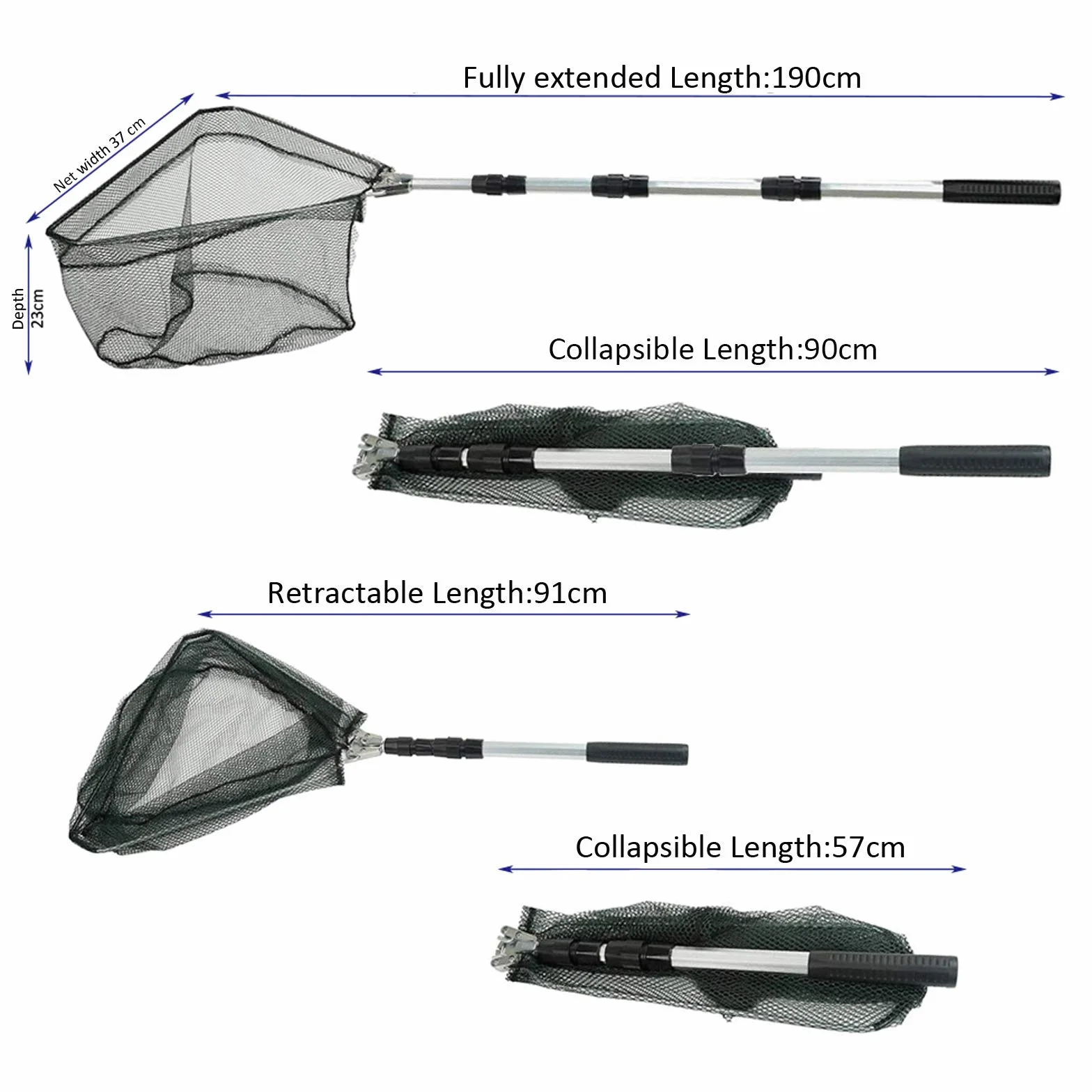 Épuisette de pêche télescopique et pliable, 1,9 m, manche long en aluminium, triangulaire en acier inoxydable, pour attraper des oiseaux, aquarium, étangs, objets flottants, carpe truite