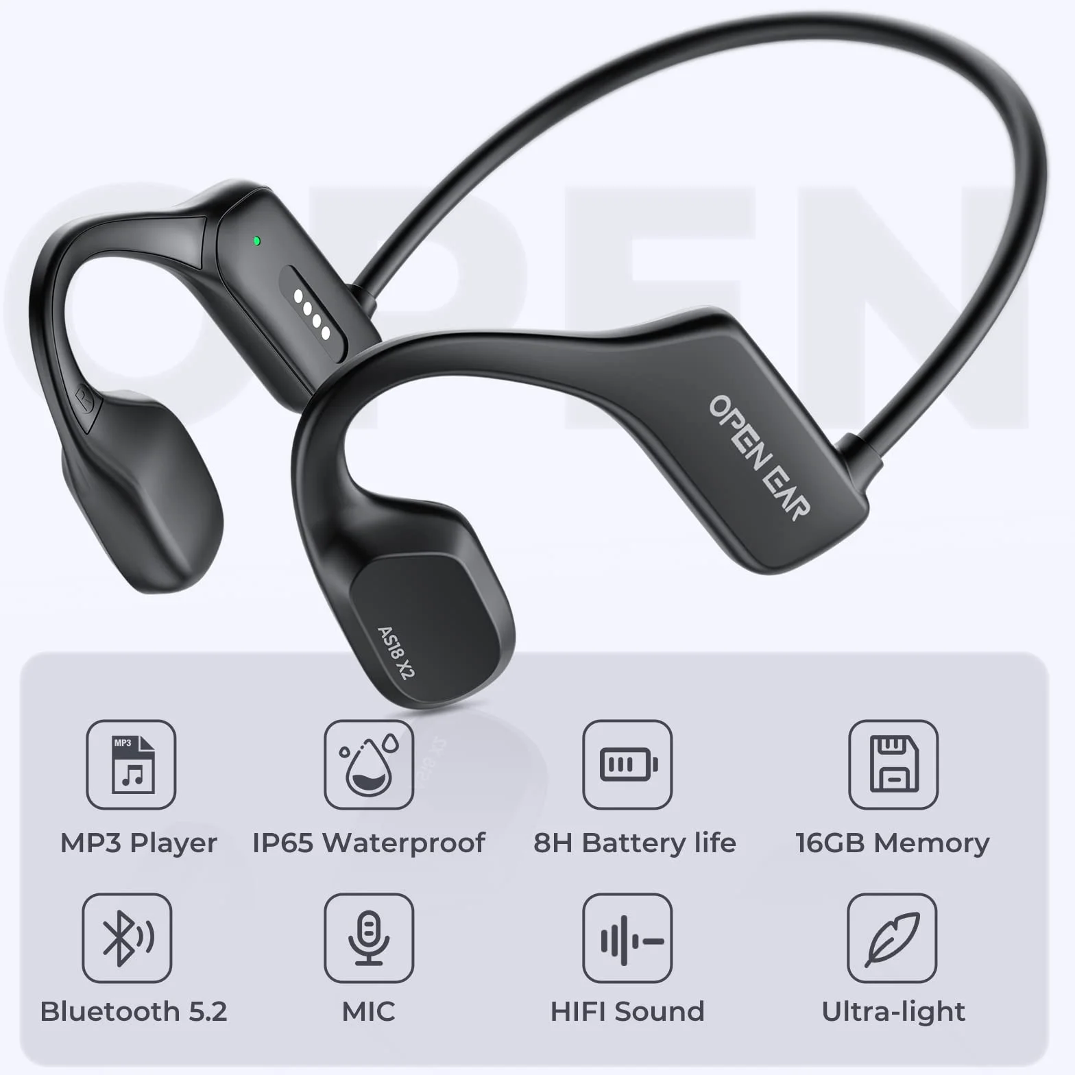 Casque Conduction Osseuse Bluetooth 5.2 Mémoire 16 Go IP68 Écouteur Natation Sport