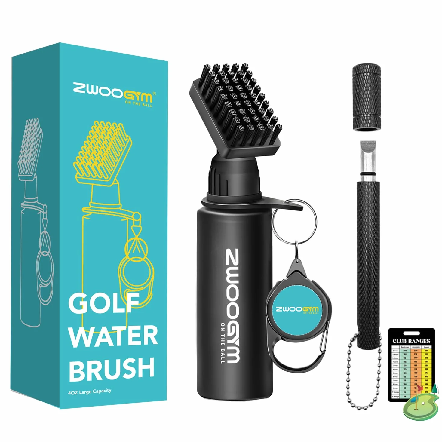 Pro Ensemble de nettoyage pour club de golf, brosse à eau avec clip de maintien et flacon de 4oz, aiguiseur de rainure de golf, convient pour rainures U et V (brosse noire + aiguiseur de