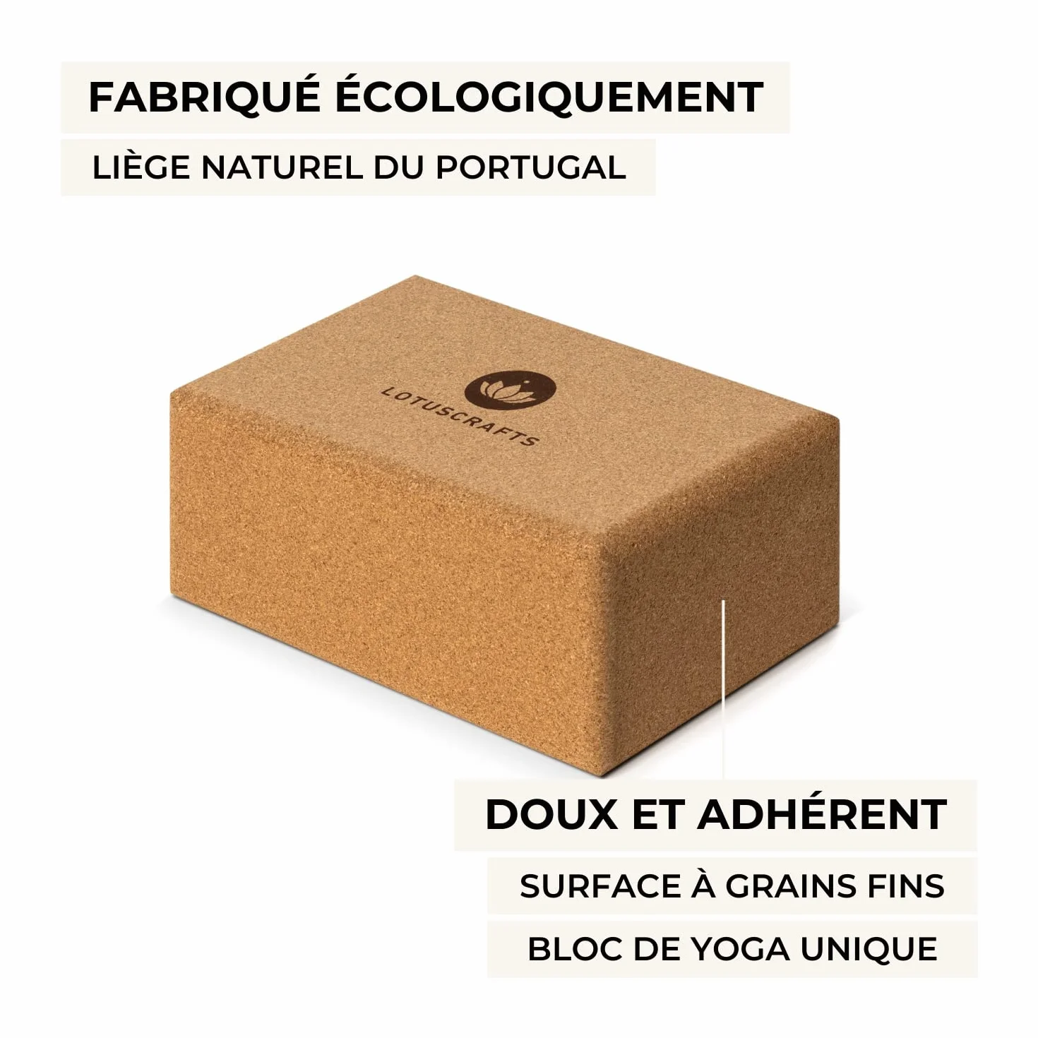 LOTUSCRAFTS Bloc de yoga en liège Supra Grip, brique de yoga pour pilates et yoga, fabriqué au Portugal