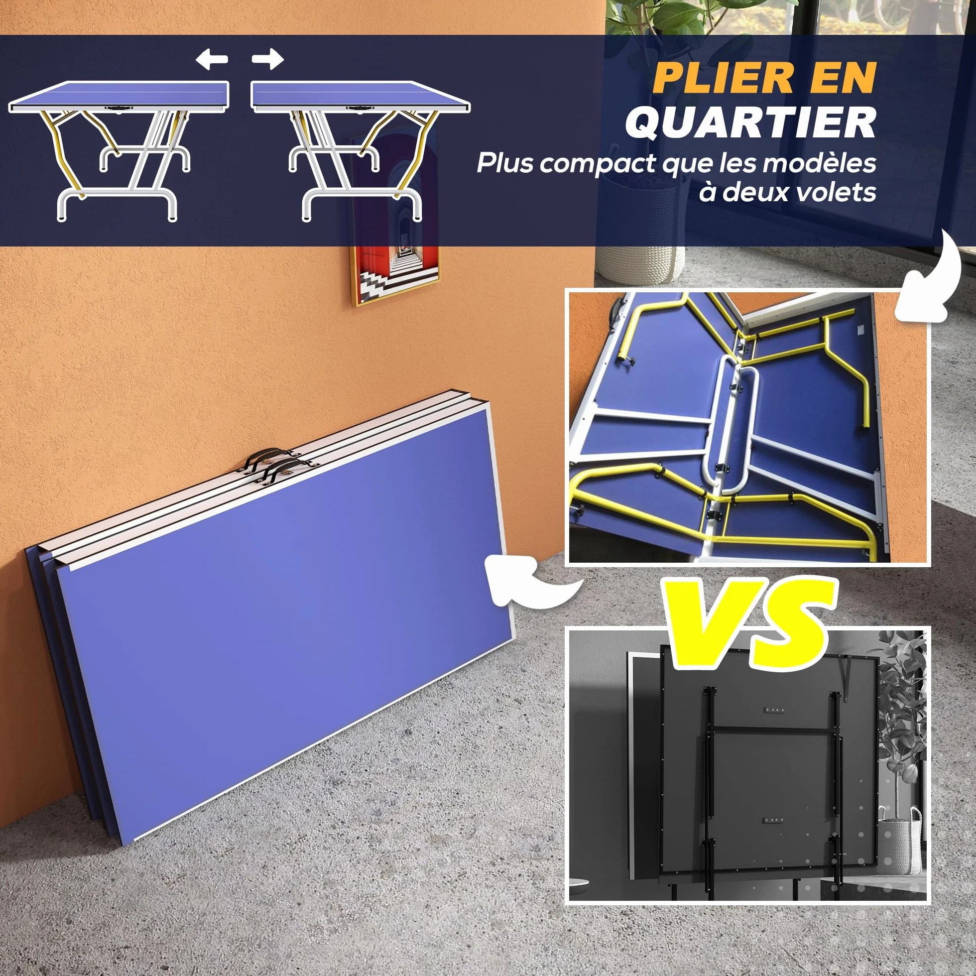 SPORTNOW Table de ping Pong Pliable en Quatre, Table de Tennis de Table intérieure, 2 Raquettes, 3 balles et Filet Inclus, 274 x 152,5 x 76 cm, Bleu