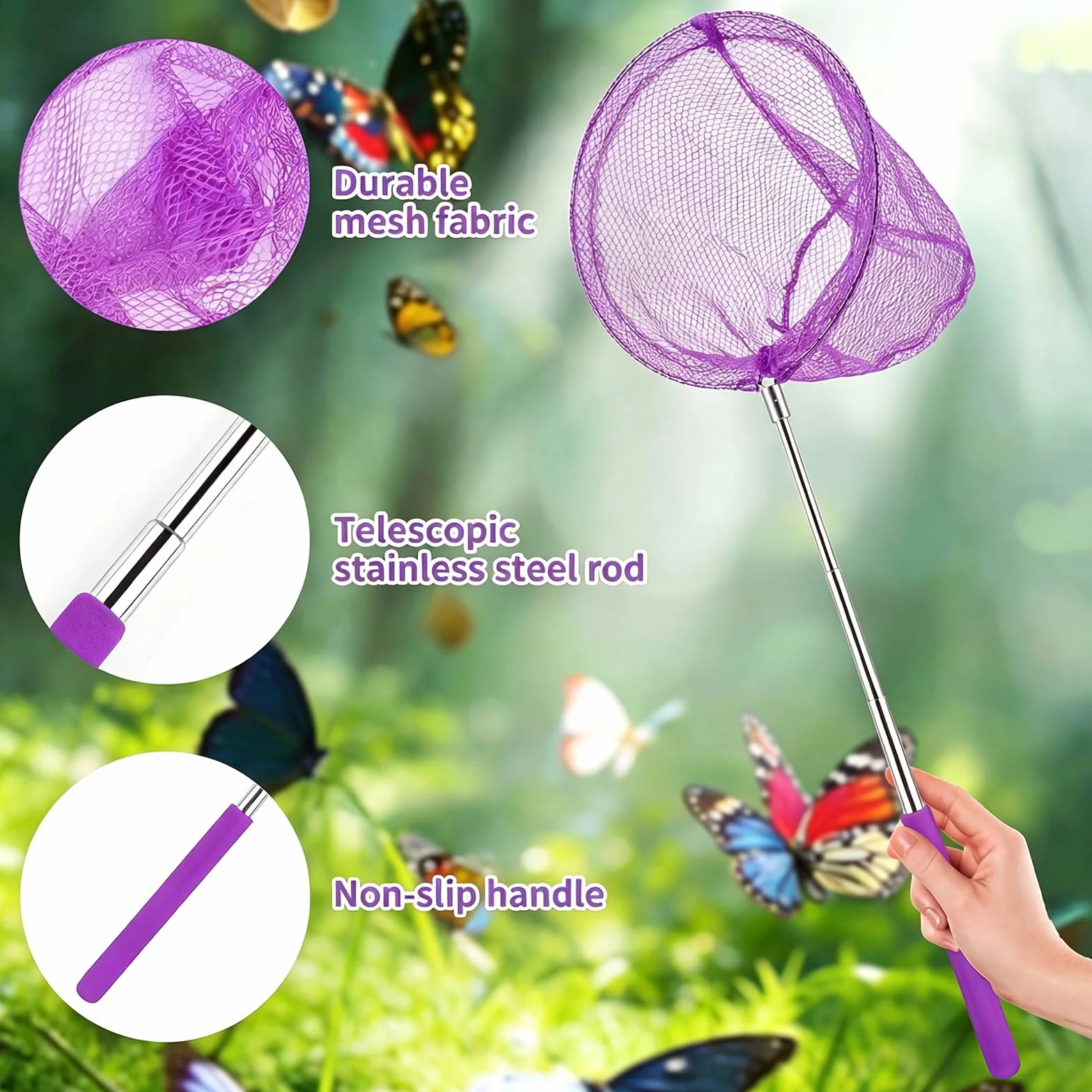 Lot de 6 Filet à Papillon Télescopiques Filets de Pêche Extensible de 37 à 85 cm Épuisettes Télescopiques avec 3 Seaux Pliables Filet de Papillo pour attraper de petits insectes et poissons