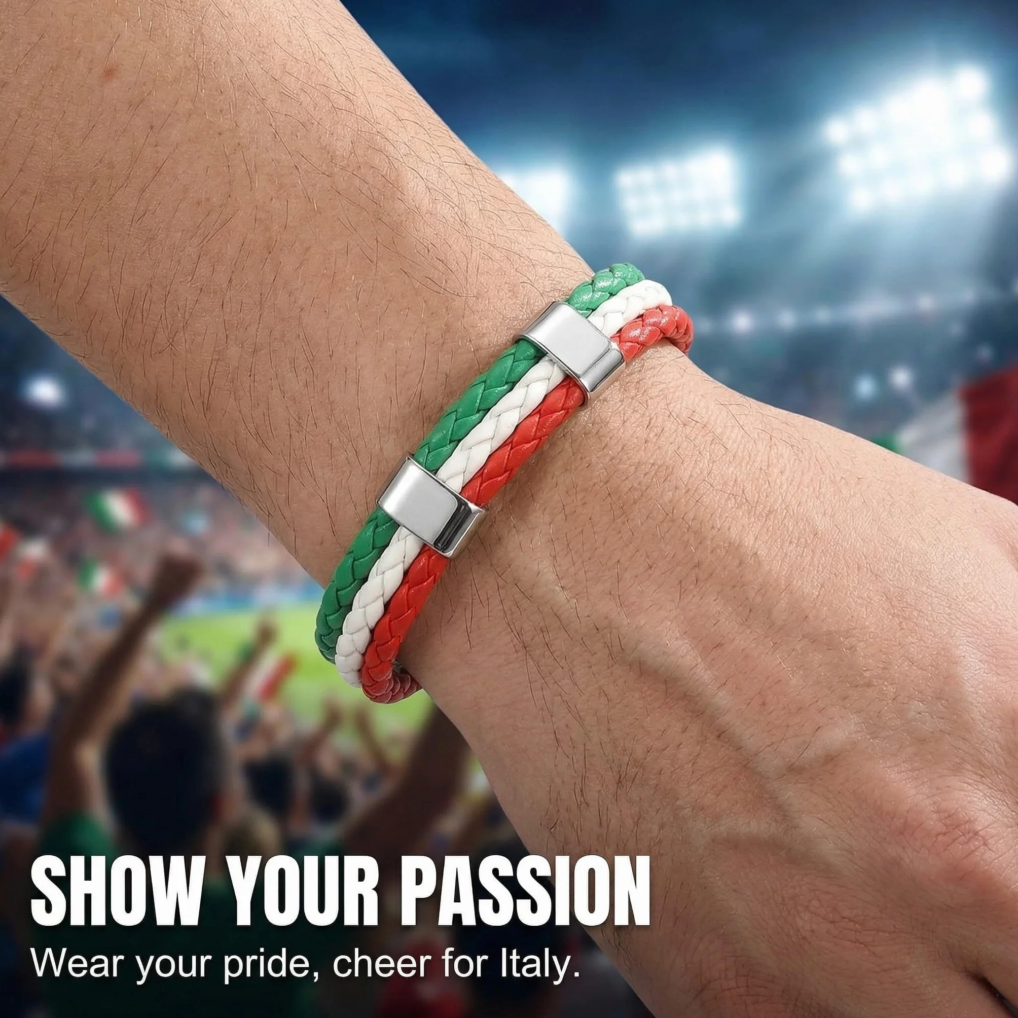Bracelets Italie Supporter Simili-Cuir Tressé Drapeau Italien Tricolore 22cm