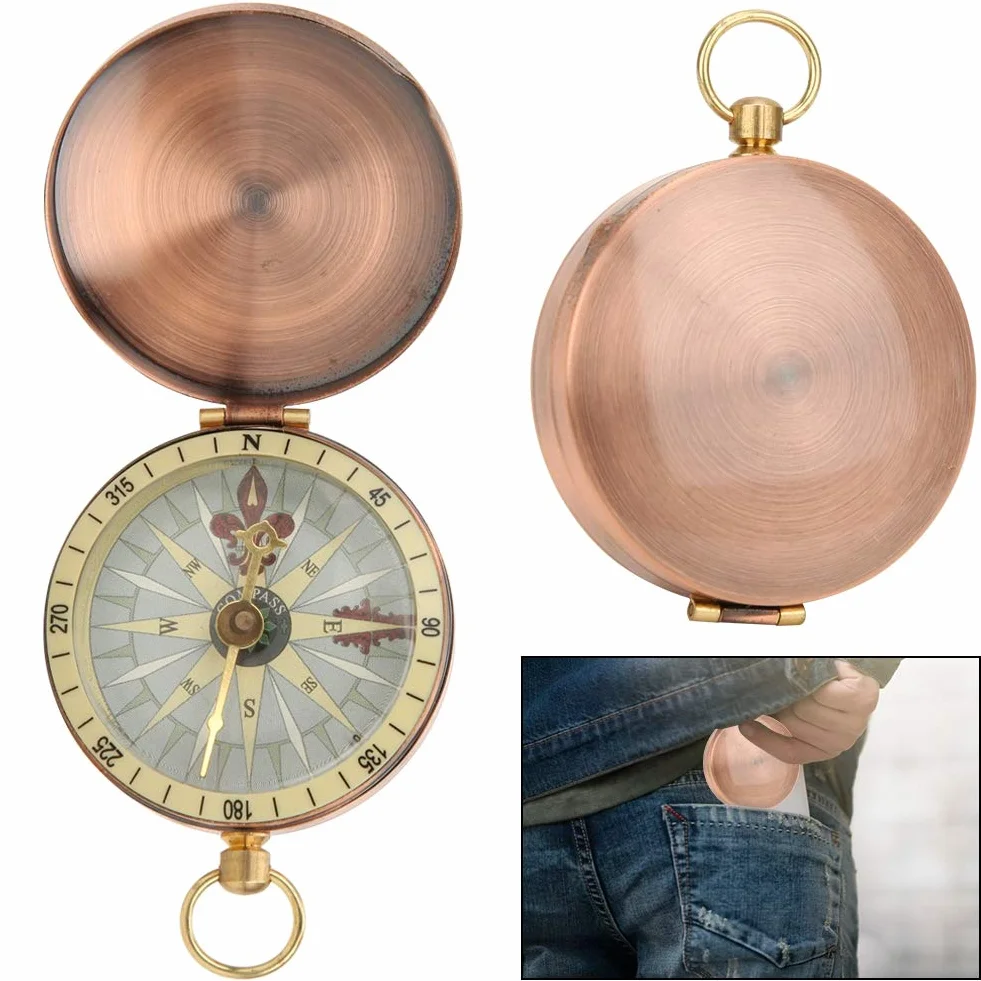 Boussole Portable Vintage en Métal avec Couvercle Pliant Cuivre pour Camping Randonnée