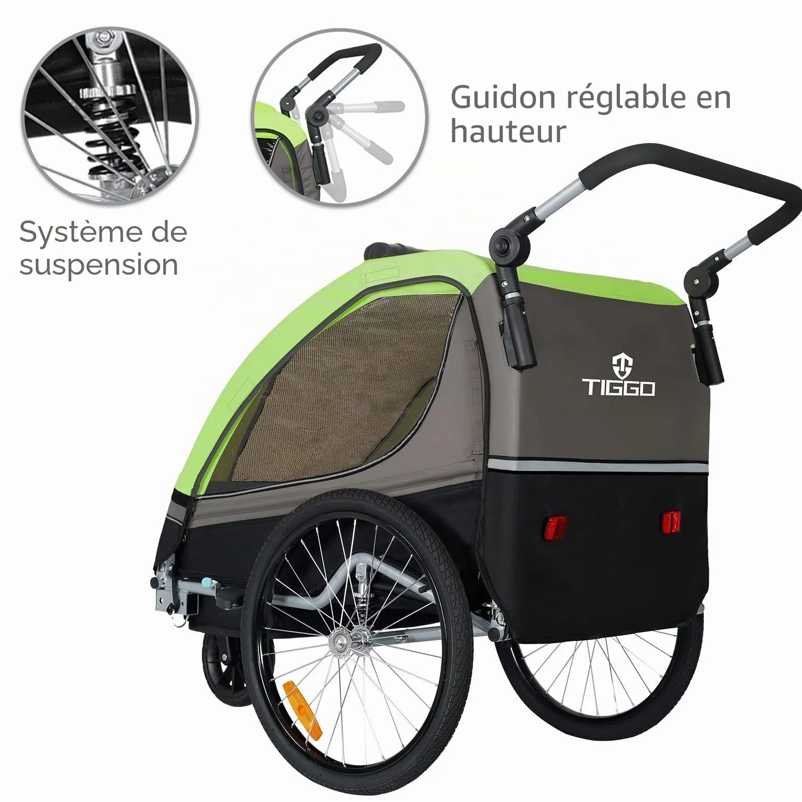 Tiggo S2 Remorque pour Enfants 2 en 1 Velo Suspension 5 Points Ceinture de securite 360° Roue Jogger Poussette
