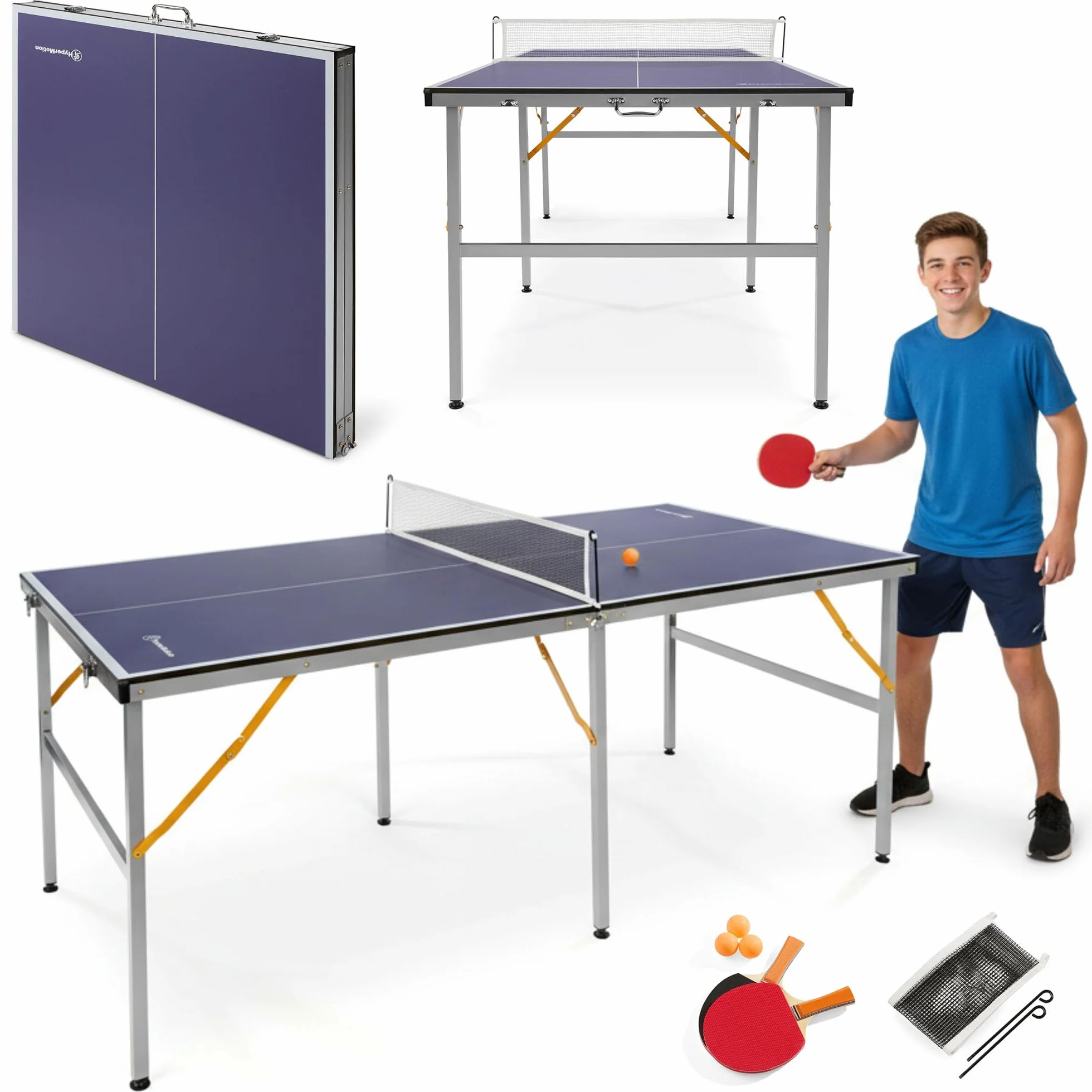 HyperMotion HYP32 Table de Ping Pong Pliante pour Enfants et Adultes, Modèle Compact d’Intérieur avec Filet, Raquettes et Balles, Facile à Transporter