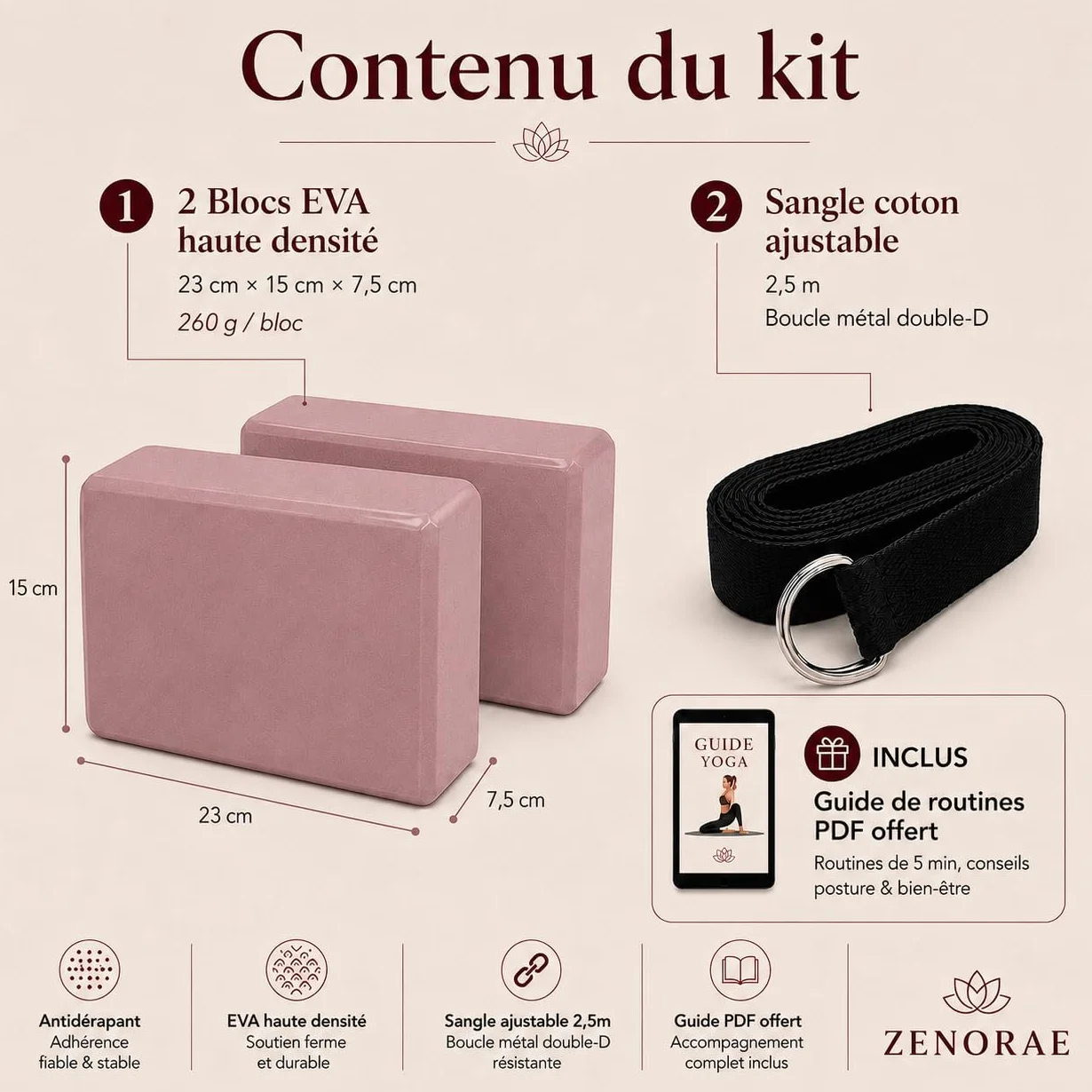 Kit Yoga ZENORAE – 2 Blocs EVA Haute Densité + Sangle Coton 2,5m – Briques Antidérapantes