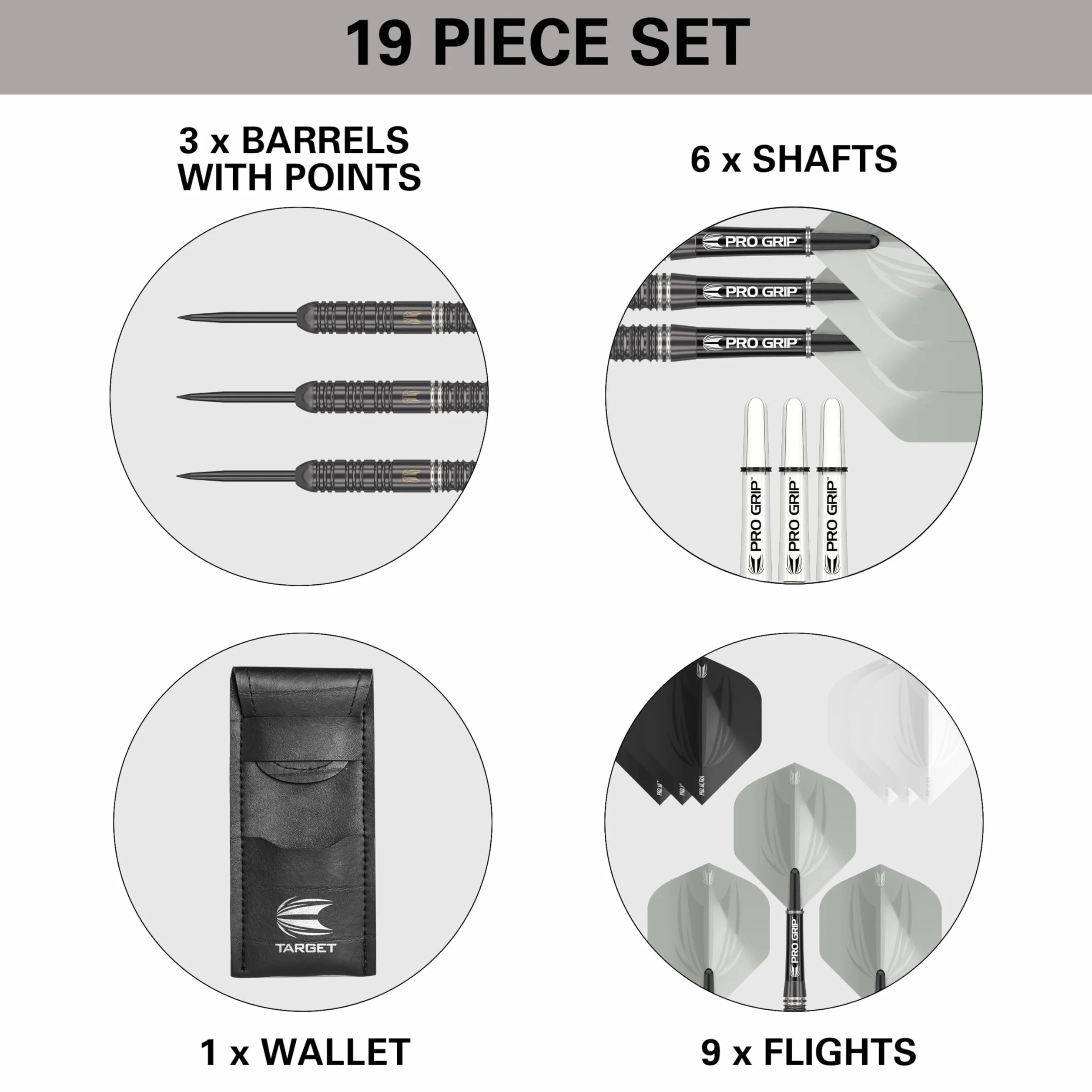 Target Darts Ares 22G/23G/24G Tungsten Steel Tip Darts Set - 6 Arrows Pro Grip - 9 Pro Ultra Flights - Dart Wallet