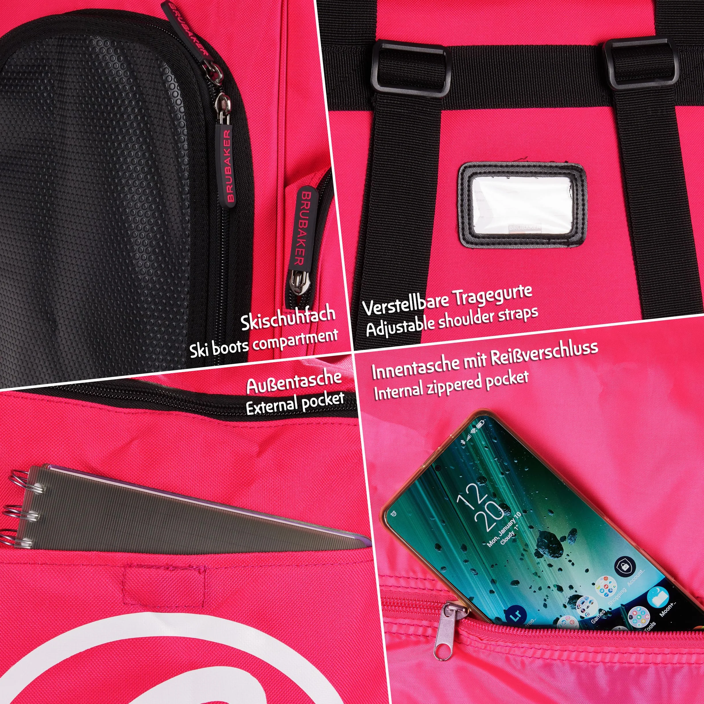 BRUBAKER Set de Ski ‘Champion’ - Série limitée - Housse à Skis et Sac à Chaussures de Ski pour 1 Paire de Skis + Bâtons + Chaussures + Casque - 190 cm - Fuchsia Fluo Blanc