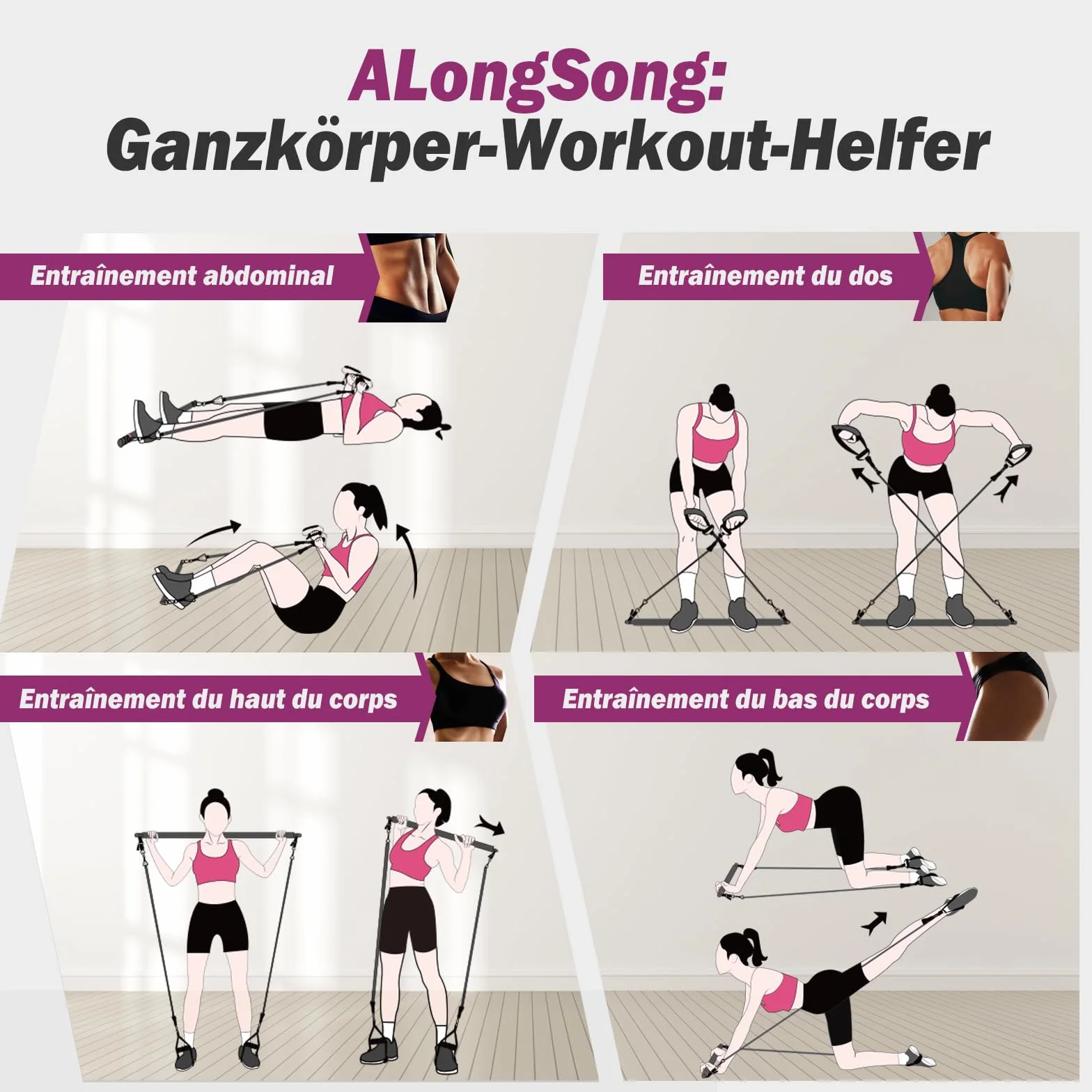 ALongSong Kit Barre de Pilates avec 4 Bandes de Résistance Élastique 20-140Lbs pour Homme Femme Musculation Yoga