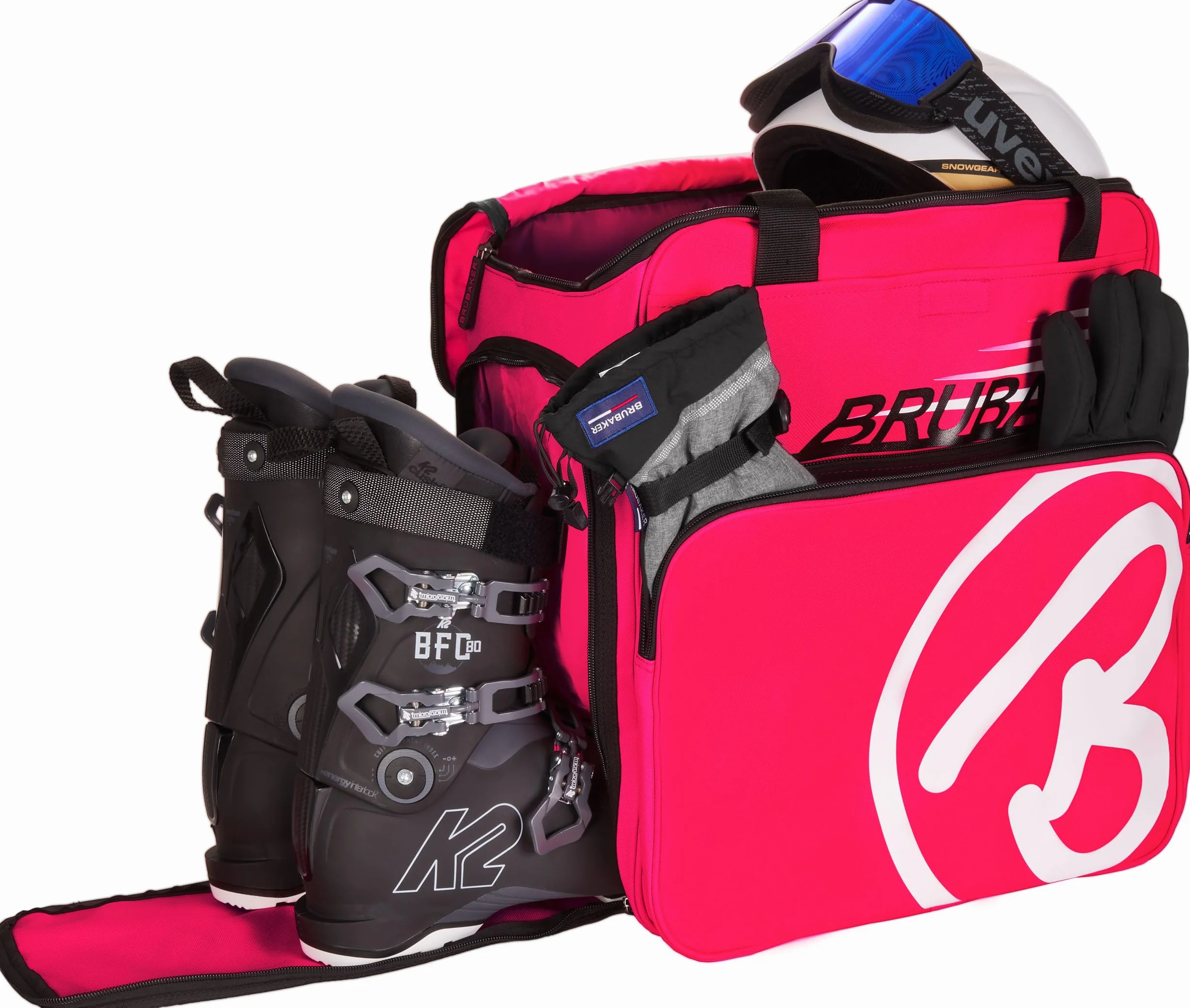 BRUBAKER Set de Ski ‘Champion’ - Série limitée - Housse à Skis et Sac à Chaussures de Ski pour 1 Paire de Skis + Bâtons + Chaussures + Casque - 190 cm - Fuchsia Fluo Blanc