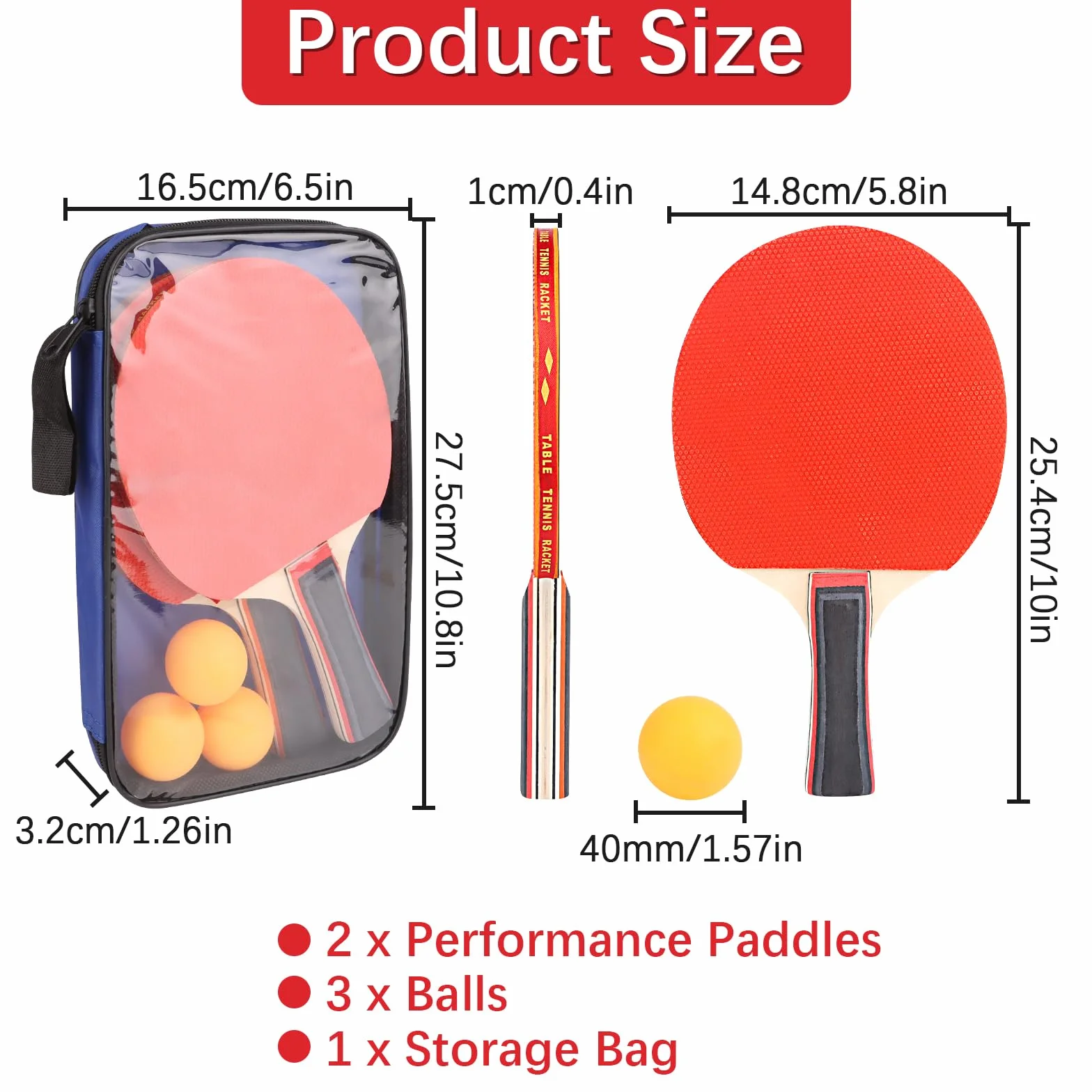 Ensemble de raquettes de tennis de table avec 2 raquettes et 3 balles - Sac