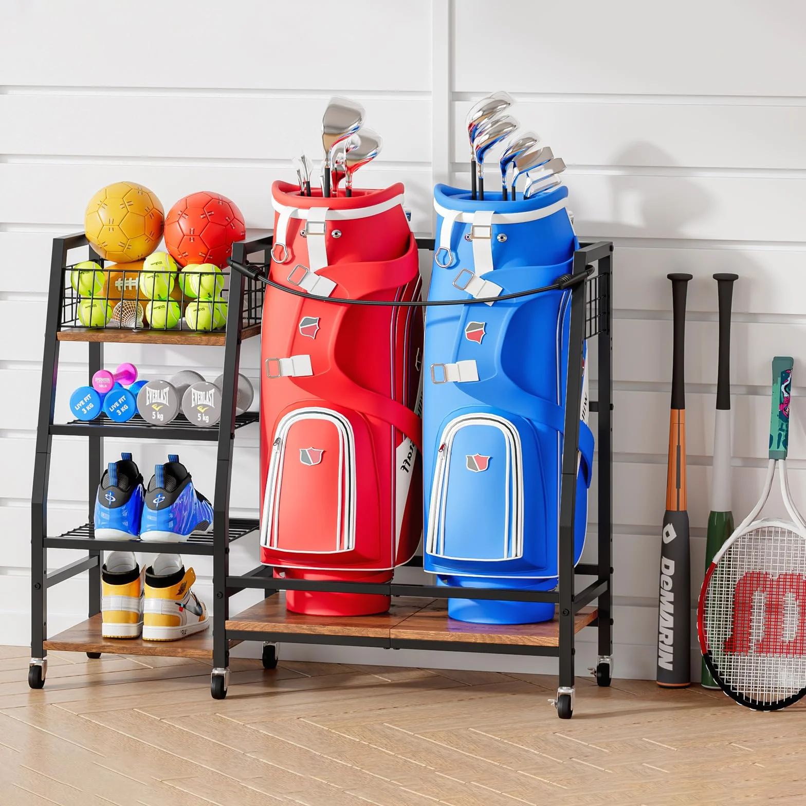 Support de Rangement pour Clubs de Golf avec Roulettes, Organisateur Robuste pour Sacs de Golf