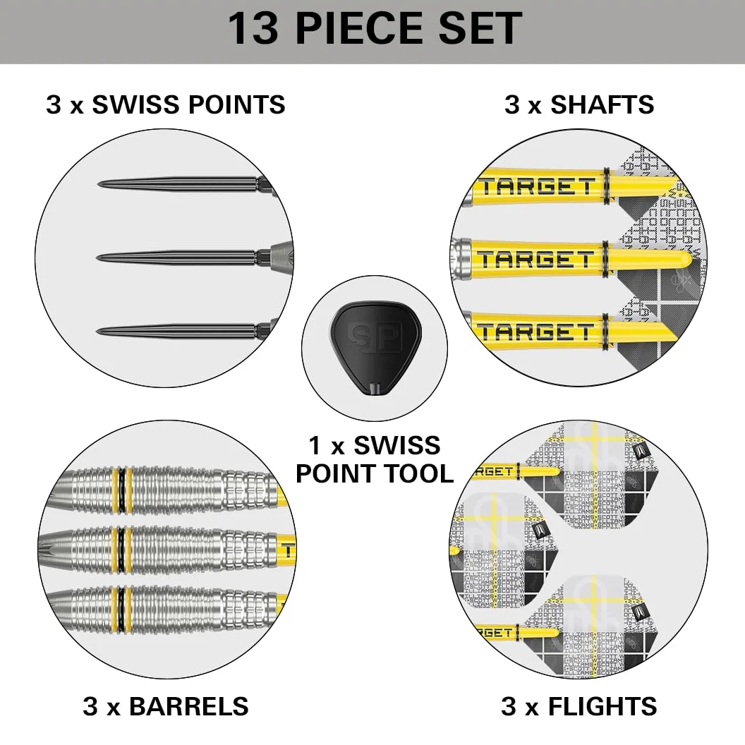 Target Darts Scott Williams Generation 2 Swiss Point Jeu de Fléchettes à Pointe en Acier, 23G/25G | Fléchettes Player Edition G2 90% Tungstène, Ailettes Pro Ultra No.2, Manches Pro Grip Tag et Outil