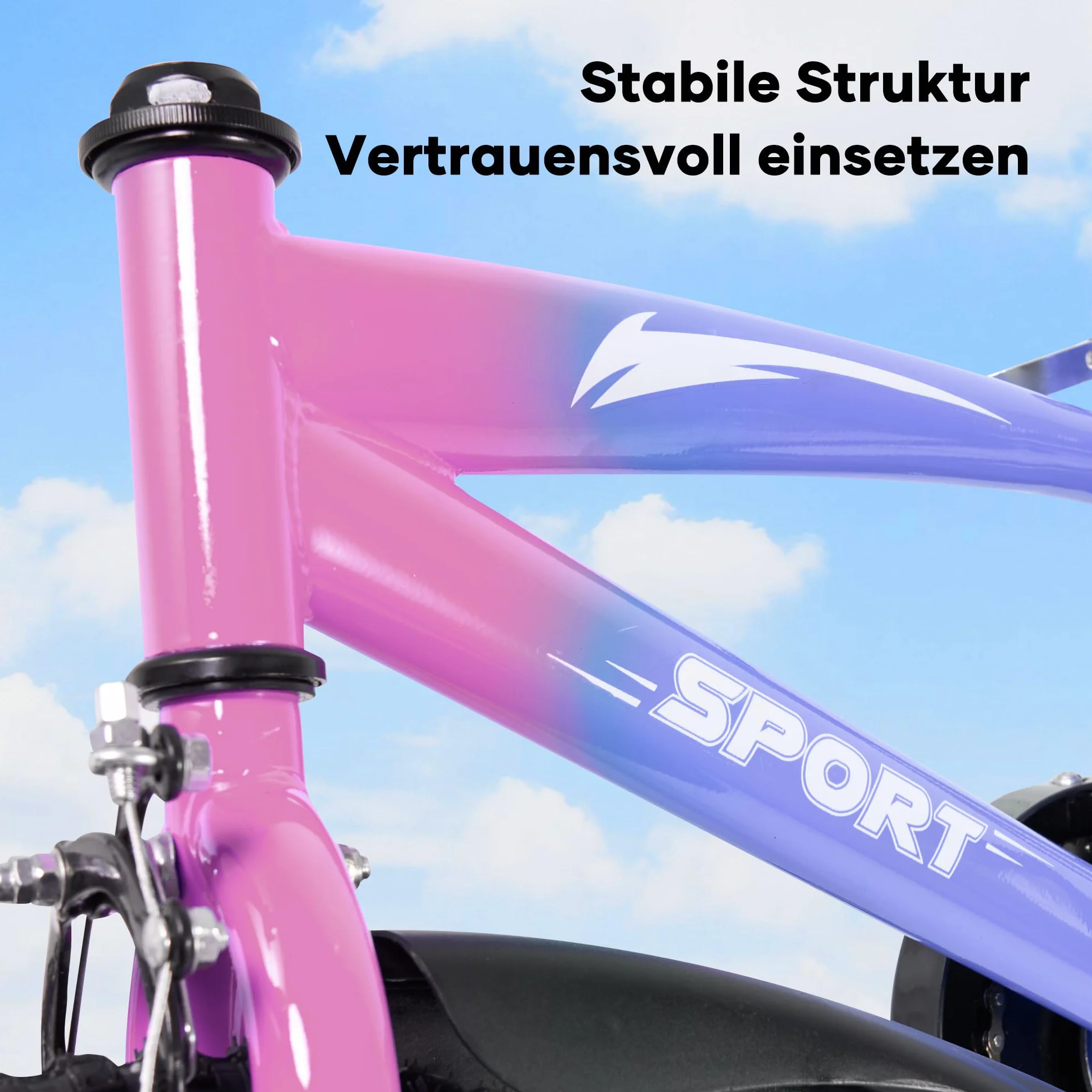 BODIOO Vélo enfant 14 pouces garçon fille roues stabilisatrices cadre stable siège réglable frein arrière frein à main 94-107 cm