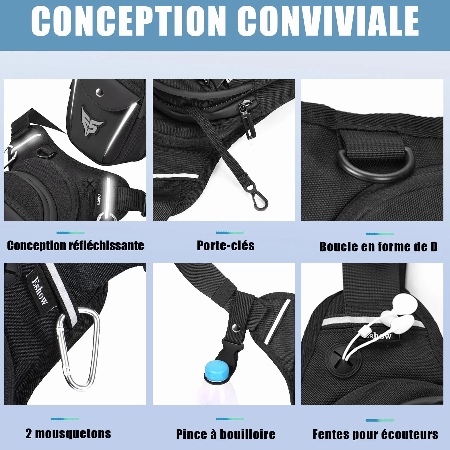 Eshow Sacoche de Jambe Moto Capacité Extensible, Sac Banane Femme Homme avec Bande Réfléchissante, 1 Clip à Gourde, 2 Mousquetons pour Randonnée Pêche