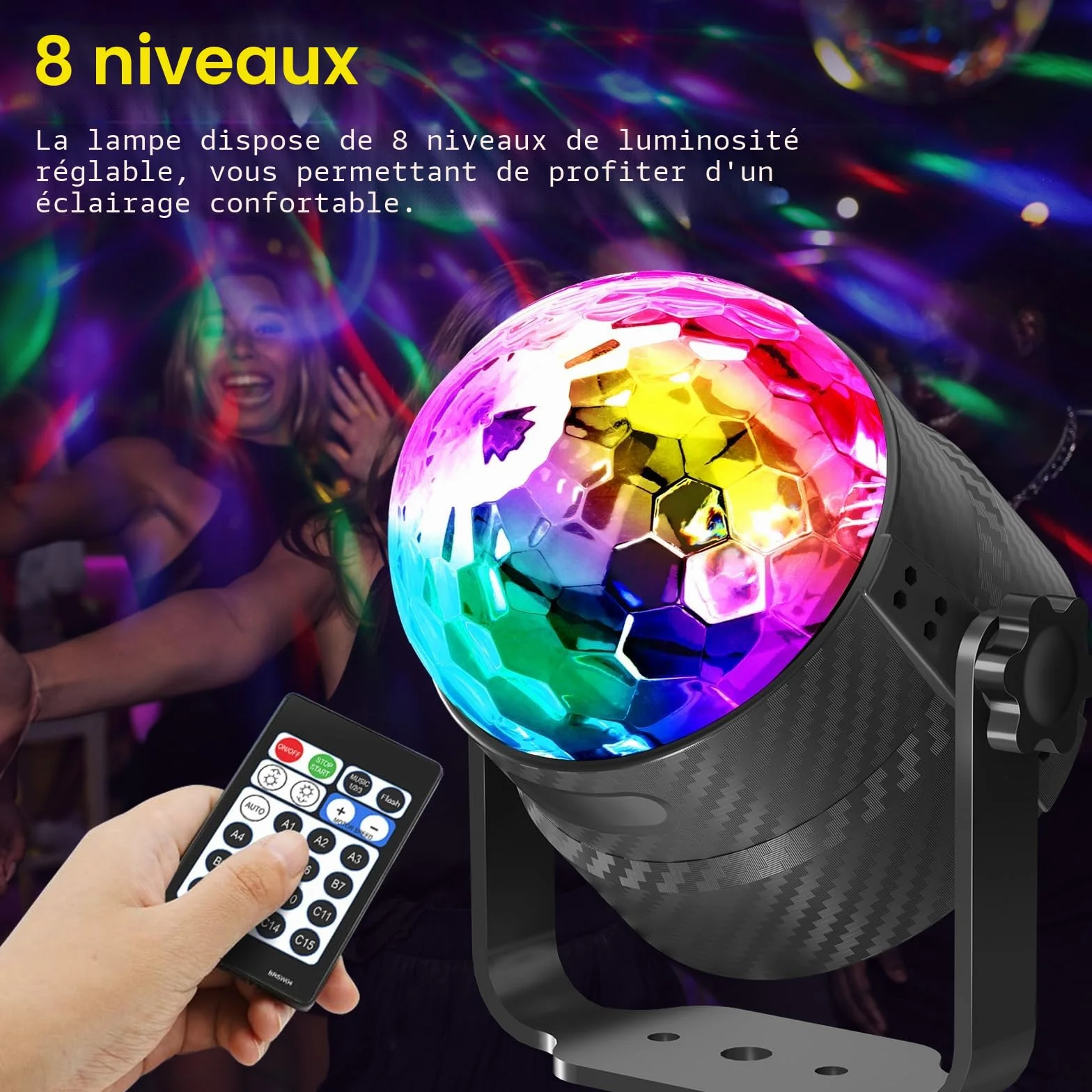 Boule disco 360° rotation contrôlée par musique RGBP 15 couleurs avec télécommande câble 2 mètres