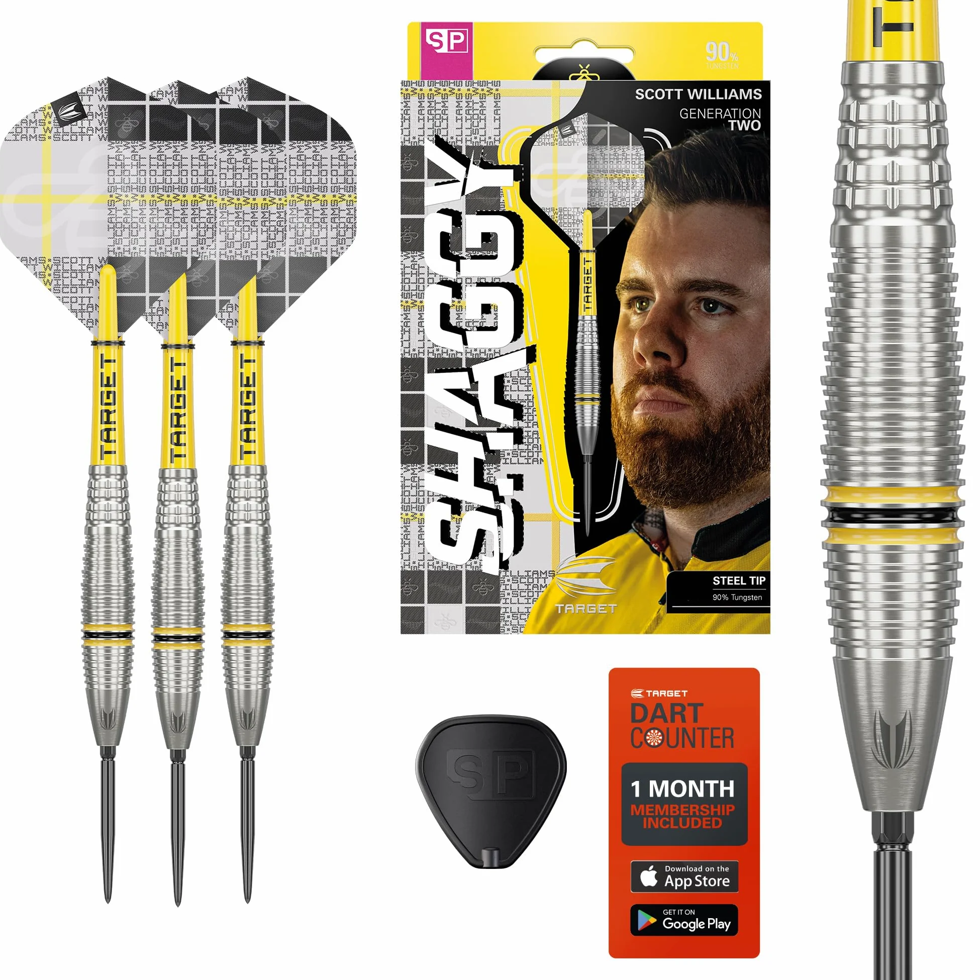 Target Darts Scott Williams Generation 2 Swiss Point Jeu de Fléchettes à Pointe en Acier, 23G/25G | Fléchettes Player Edition G2 90% Tungstène, Ailettes Pro Ultra No.2, Manches Pro Grip Tag et Outil