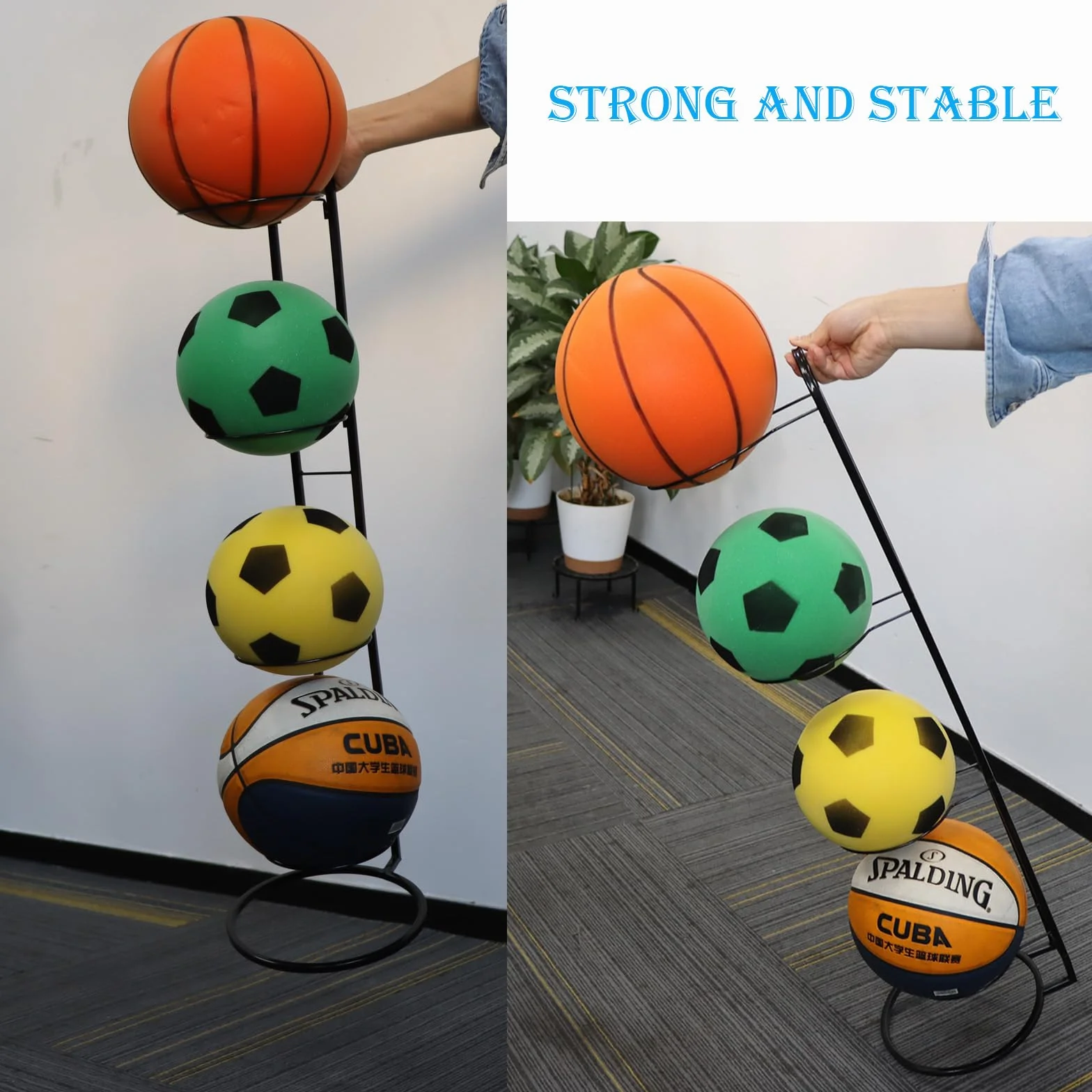 Support Ballon Foot 4 Niveaux, Support Ballon Vertical Amovible, Porte Ballon Basket pour Football, Basketball, Volleyball et Rugby (Noir)