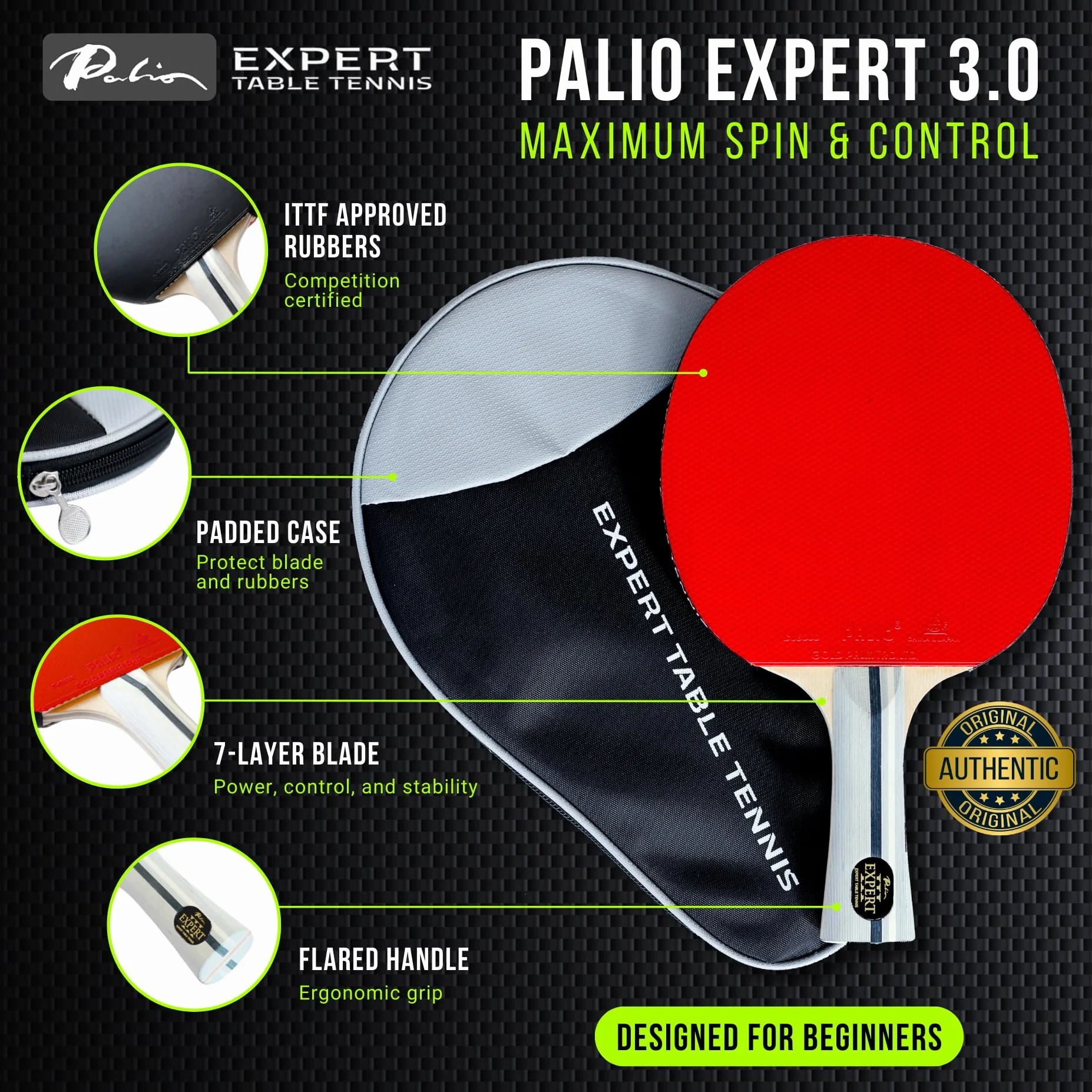 Palio Expert 3.0 Raquette de Tennis de Table ITTF Haute Performance pour Débutants avec Étui