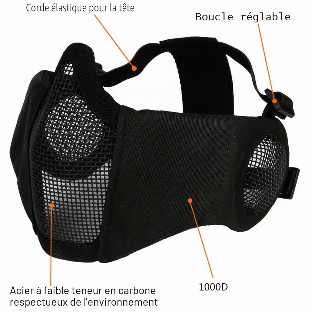 Demi-masque pliable airsoft en maille avec protection auditive pour paintball chasse