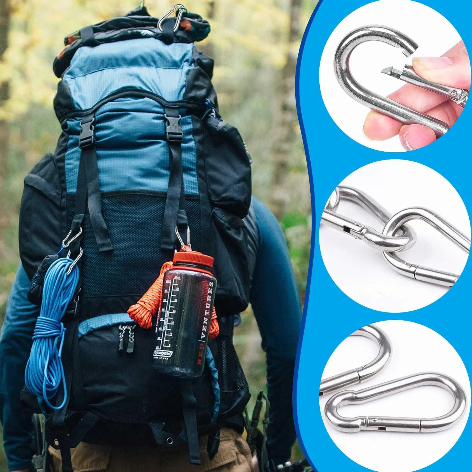 Mousquetons INOX 36 KG Escalade Porte-Clés Sac à Dos Camping Pêche