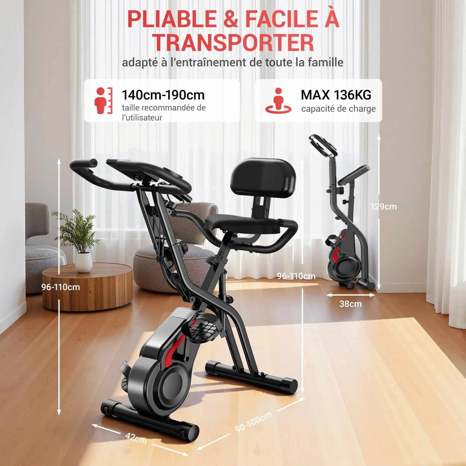 Vélo d'appartement pliable CURSOR 5-en-1, résistance silencieuse 16 niveaux, écran LED, cardiofréquencemètre