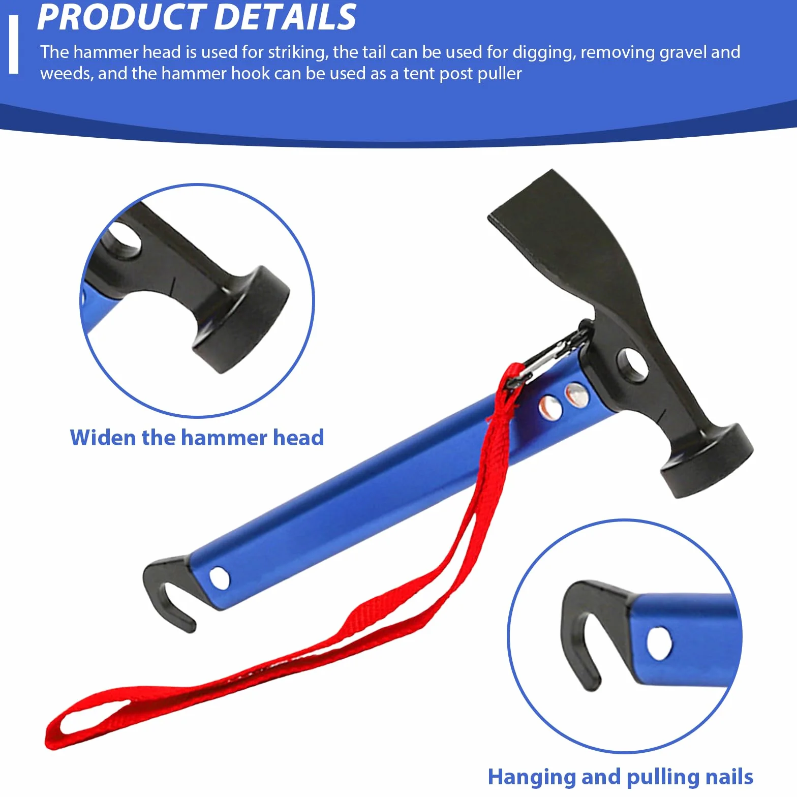 Marteau de camping 30,5 cm aluminium avec crochet et mini-pioche pour piquets de tente Bleu