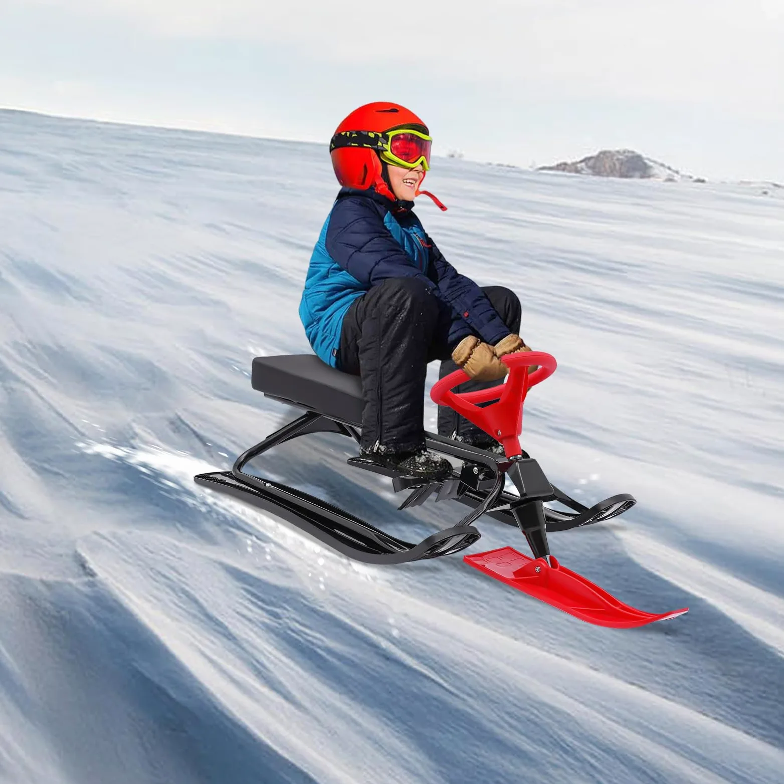 Snow Racer Sled - 114 × 50 × 38 cm - Avec freins à double pied - Guidon flexible et pédales antidérapantes - Luge à neige robuste pour enfants de 3 à 15 ans et adultes jusqu'à 100 kg