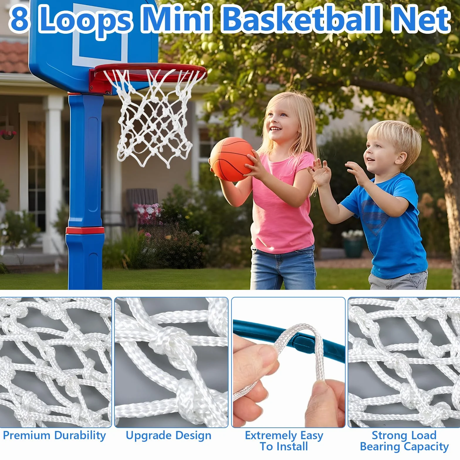 Lot de 2 mini filets de basket-ball de rechange pour petits cerceaux, accessoires anti-fouet, 8 boucles, intérieur et extérieur