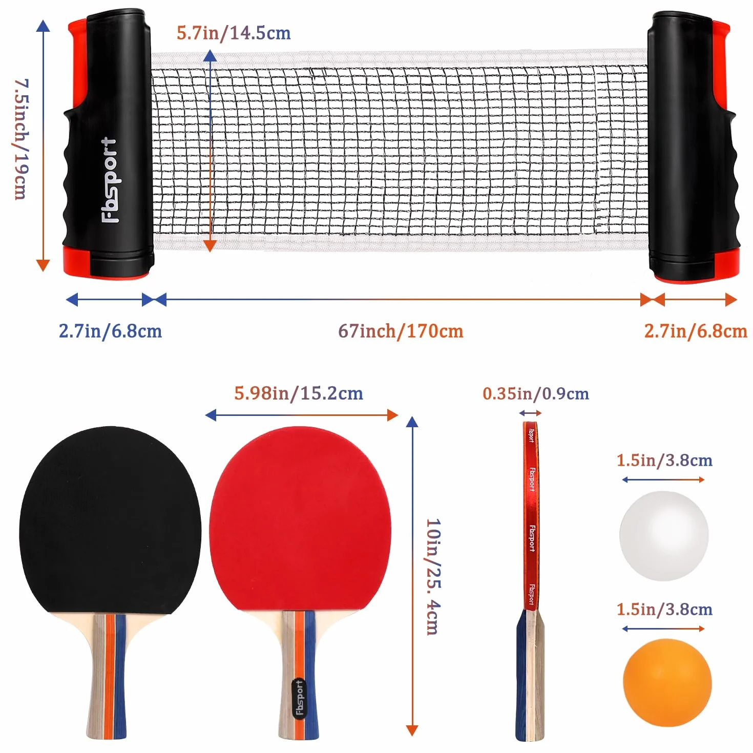 Set Ping Pong avec 4 Raquettes, Filet Rétractable, 8 Balles, Sac de Transport pour Intérieur Extérieur