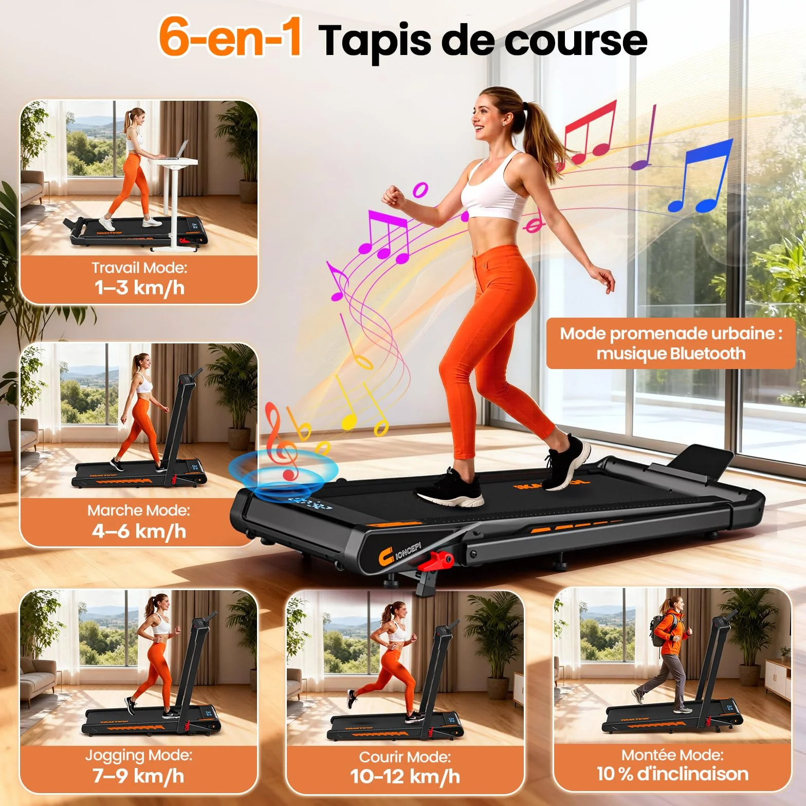 Tapis de Course 6 en 1 Pliable avec Enceinte Bluetooth, Moteur 3,0 CV, 12 KM/H, Charge 160 kg